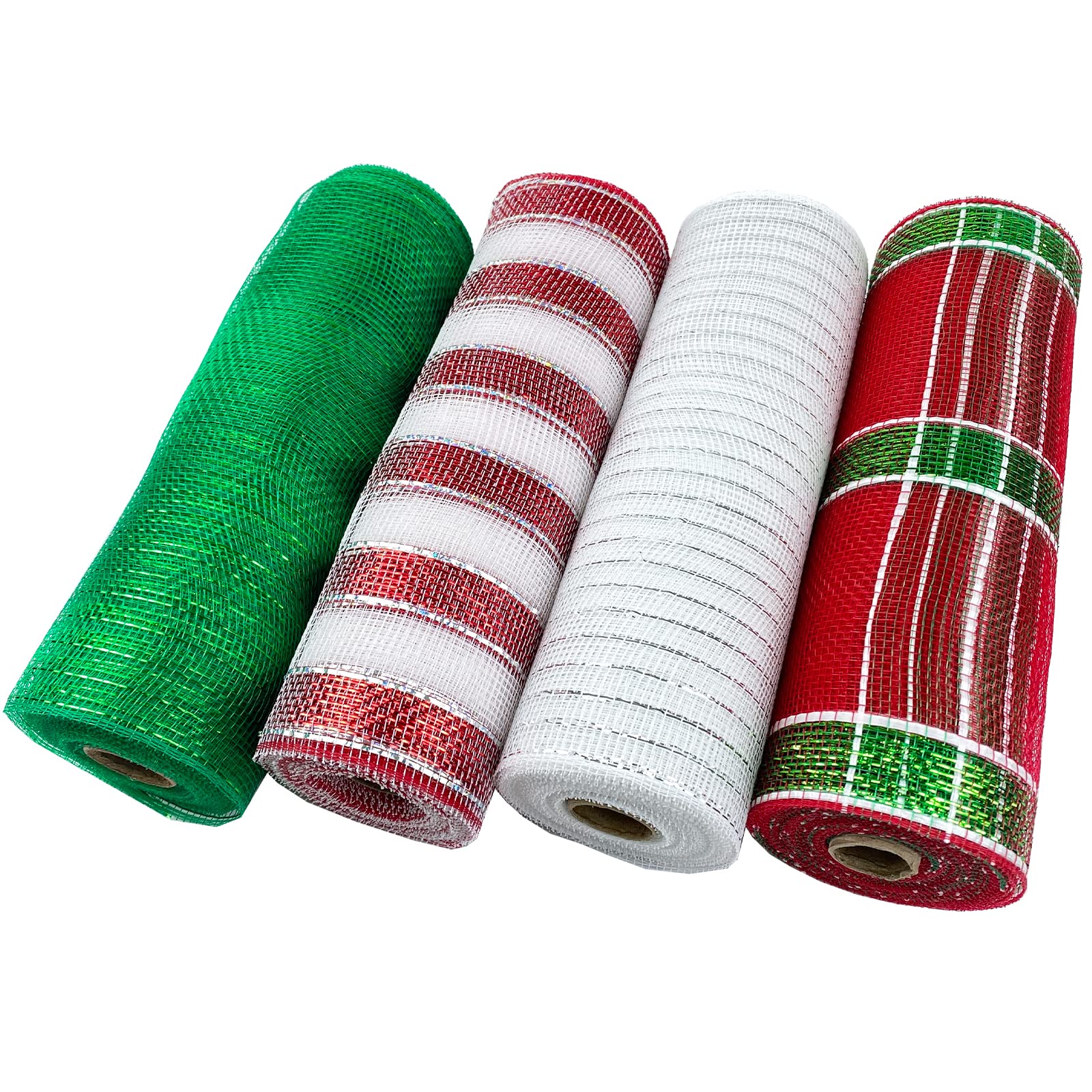 4 Rolls Christmas Poly Mesh Ribbon 10 inch x 30 feet Each，Metallic Foil Mesh White Green and Red Deco Mesh for Christmas Wreaths, Tree,Swags, Craft, Party and Decorating Supplies