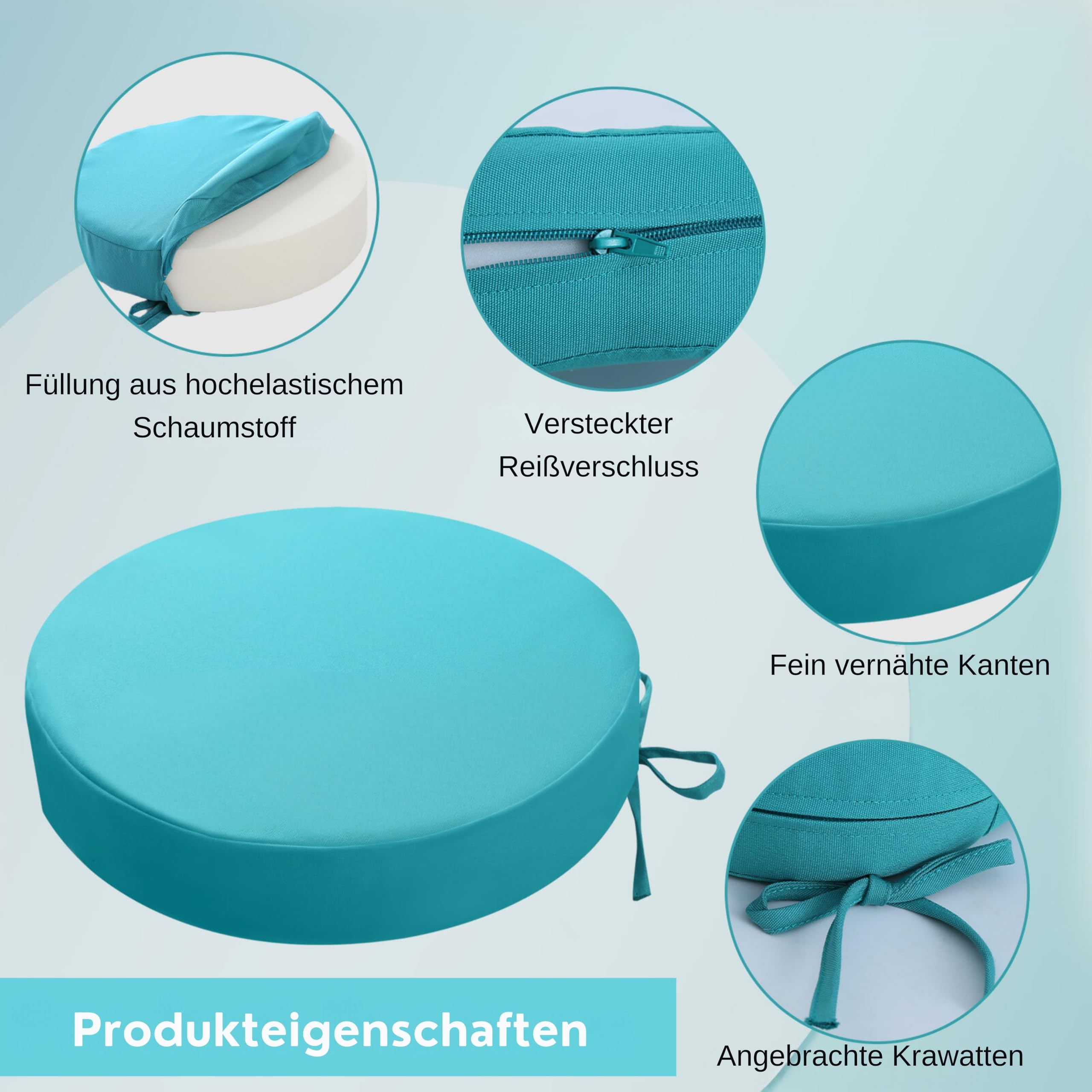Outdoor Sitzkissen Rund 40x40, 2er Set Wasserdicht, Himmelblau | Rundes Gartenstuhl Polster mit Bändern und Wetterfester Oberfläche, Ideal für Terrasse, Balkon und Outdoor-Möbel