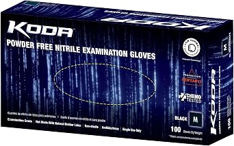 Adenna KODA Nitrile Exam, Sensitive Skin, Powder Free Disposable Gloves, 5.5 Mil, Box of 100, Black Medium, GL-NCF235BKFM