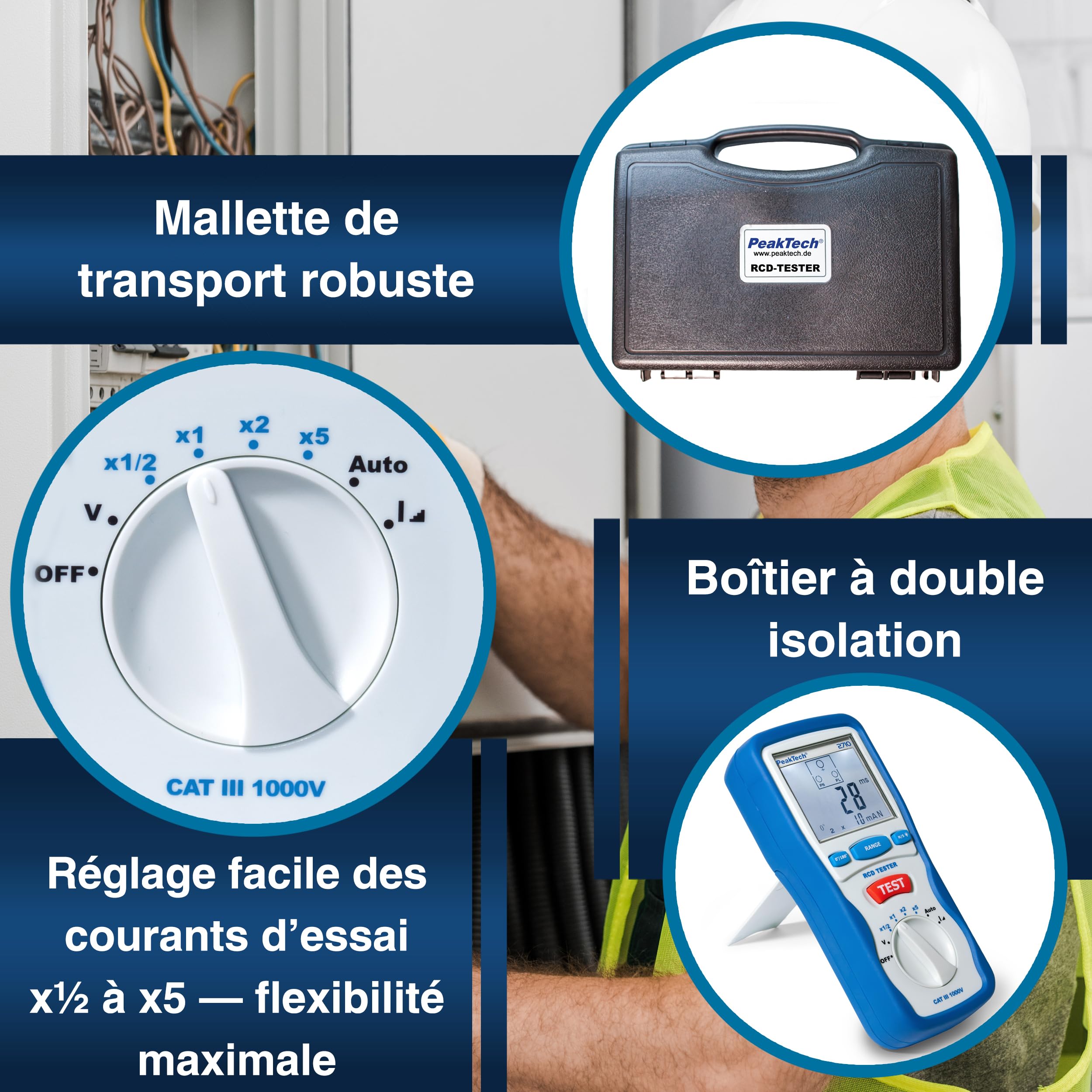PeakTech P 2710 - Testeur FI Numérique avec Grand Écran LCD, Disjoncteur Différentiel RCD, Boîtier Double Isolation, pour Réseau 230V/50Hz - CAT III 600 V