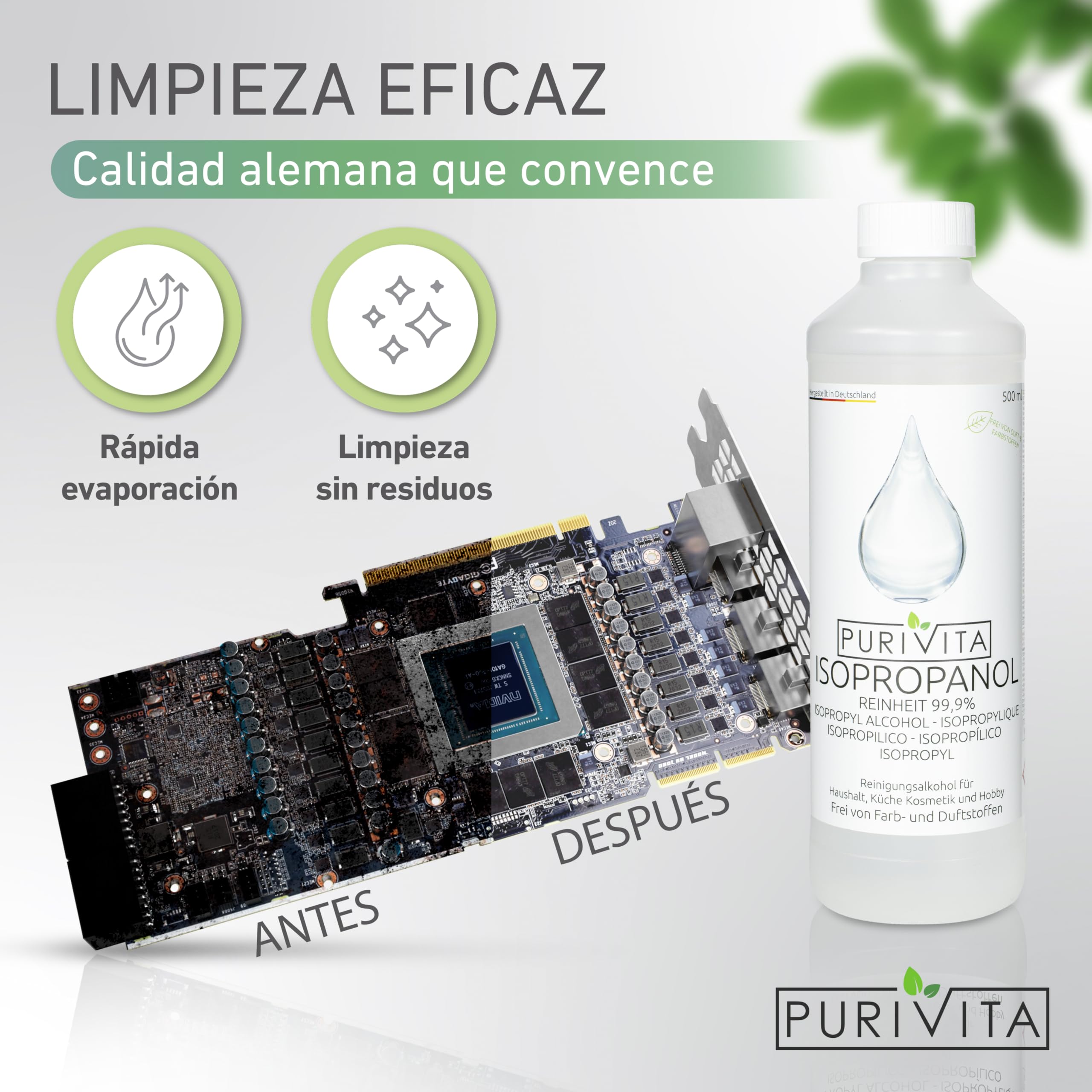 PURIVITA Alcohol Isopropilico 99,9% 500ML - Isopropyl Alcohol Limpiador Desengrasante