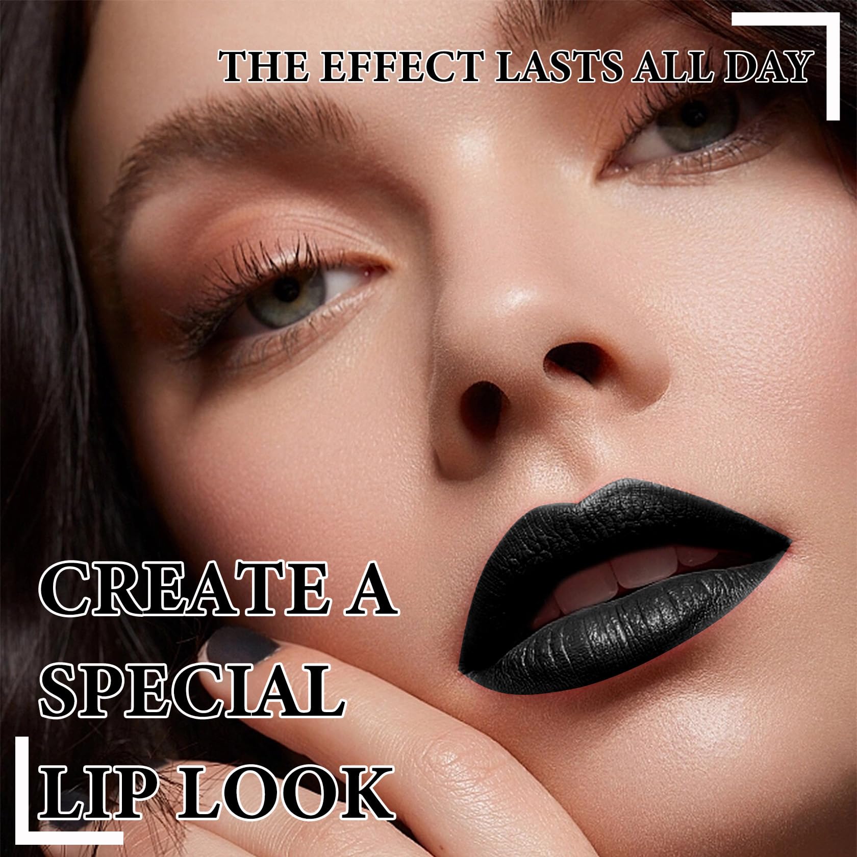 Juego de 2 lápices labiales líquidos y delineadores de labios, mate, impermeable, de larga duración, antiadherente, juego de brillo de labios negro para cosplay, gótico, maquillaje de 6