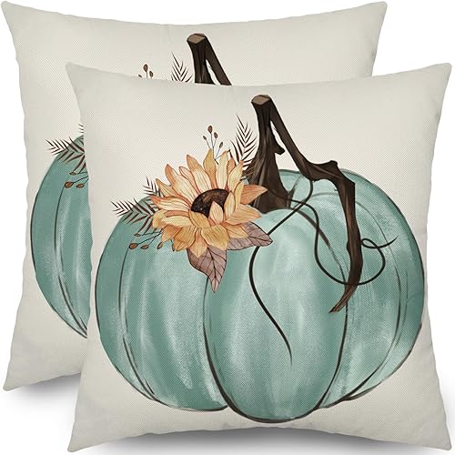 Juego de 2 fundas de almohada de otoño de 18 x 18 pulgadas, diseño colorido de calabaza, girasol, vaca, para exteriores, para Acción de Gracias,