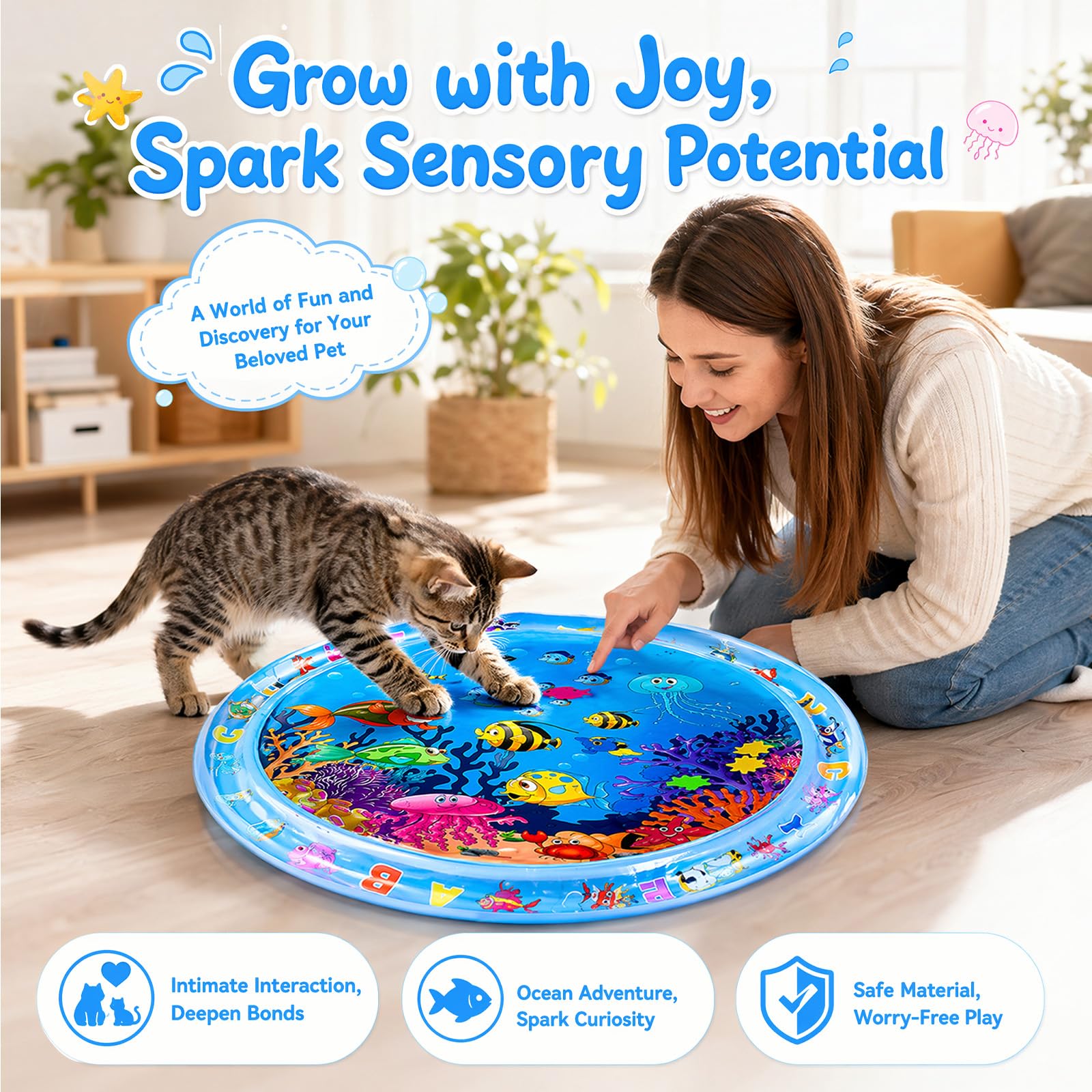 Wasserspielmatte Katze, Kühlmatte Katzen Hund, Wassermatte Baby, Spielmatte Sensorik Spielzeug Wasser, Interaktives Katzenspielzeug Wassermatte für Haustier Innen Außenbereich 95x95CM