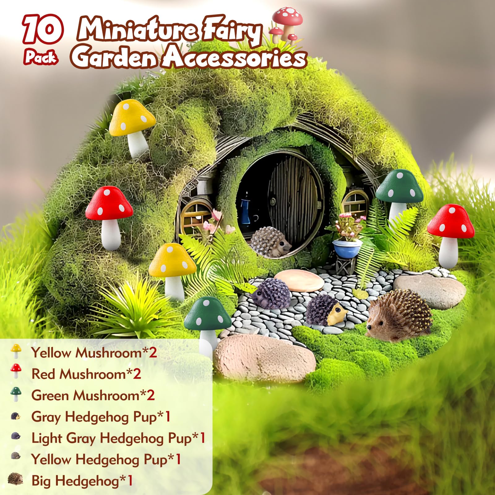 YHTCC 10 Pack Miniature Fairy Garden Ornaments Outdoor Accessories, Mini Mushrooms and Hedgehog Gifts - Image 2