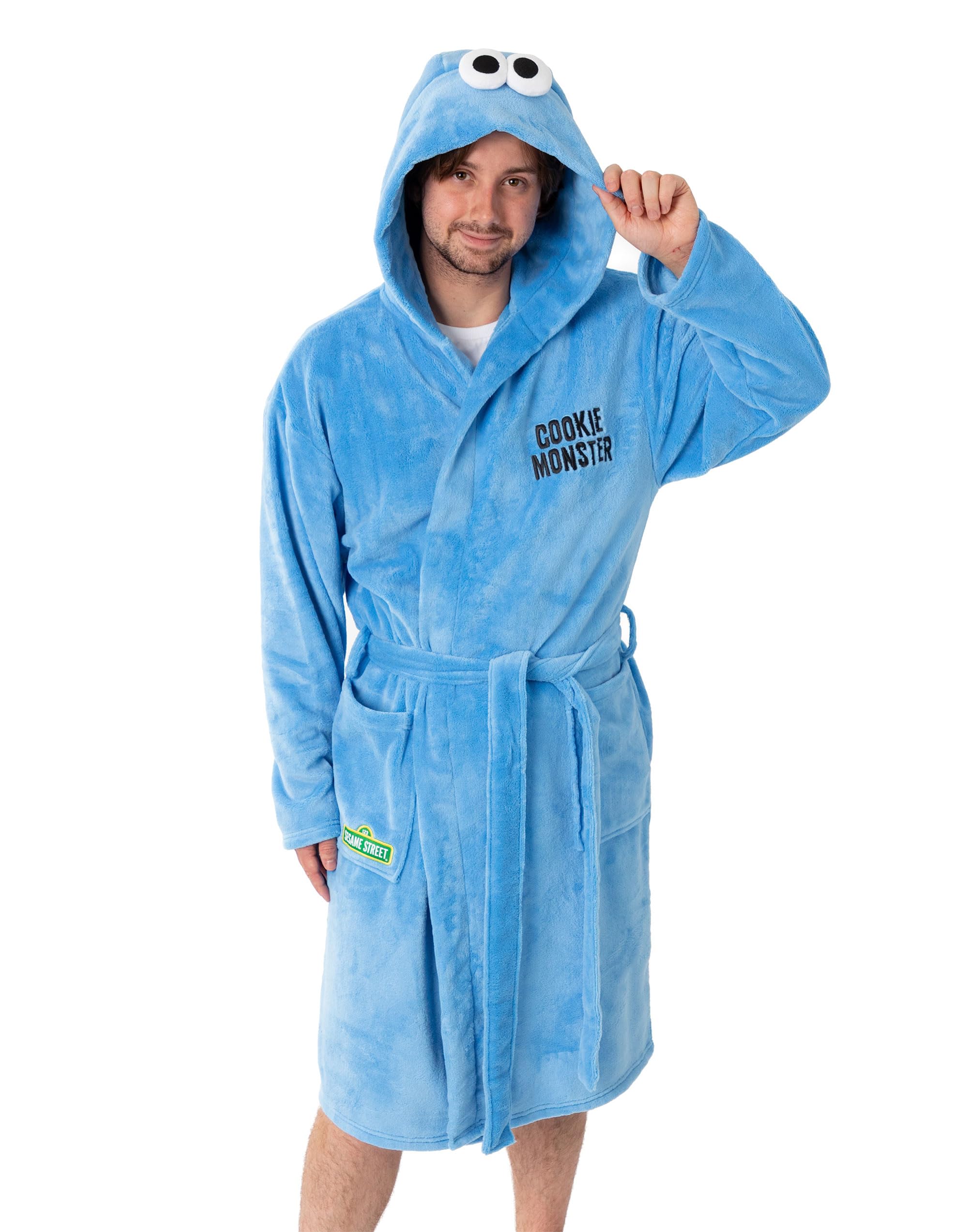 Vanilla Underground Sesame Street Cookie Monster Unisex Hooded Bathrobe | Light Blue Cosy Fleece Bathing & Lounging | Long Sleeve Tie Closure | Sesame Street Merch - Small