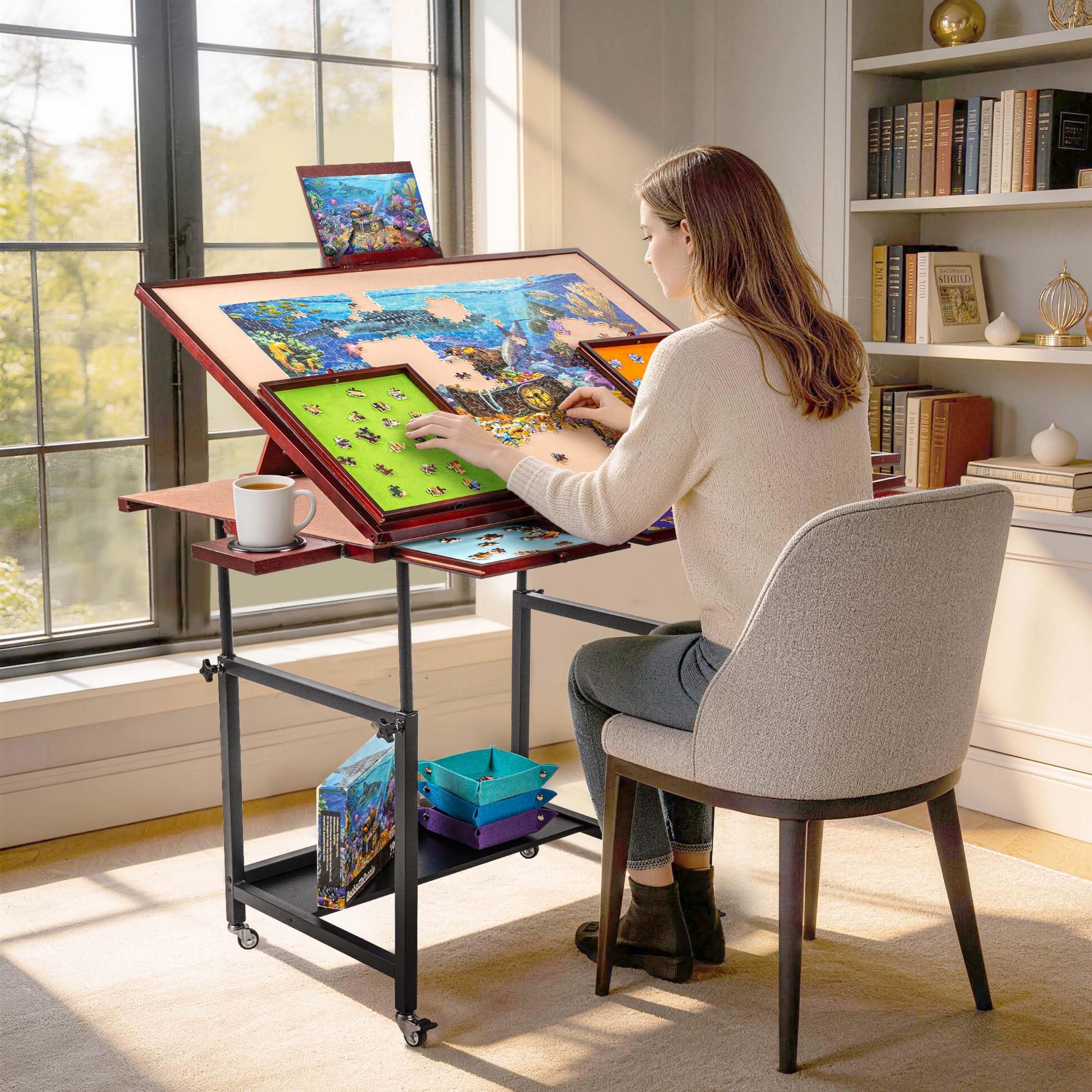 1500-teiliger Puzzletisch mit 5 Schubladen und Abdeckung, kippbare Puzzleplatte auf Rollen, 3 Neigungswinkel und Höhenverstellung, Getränkehalter und Halterung für Puzzlebox (schwarz)