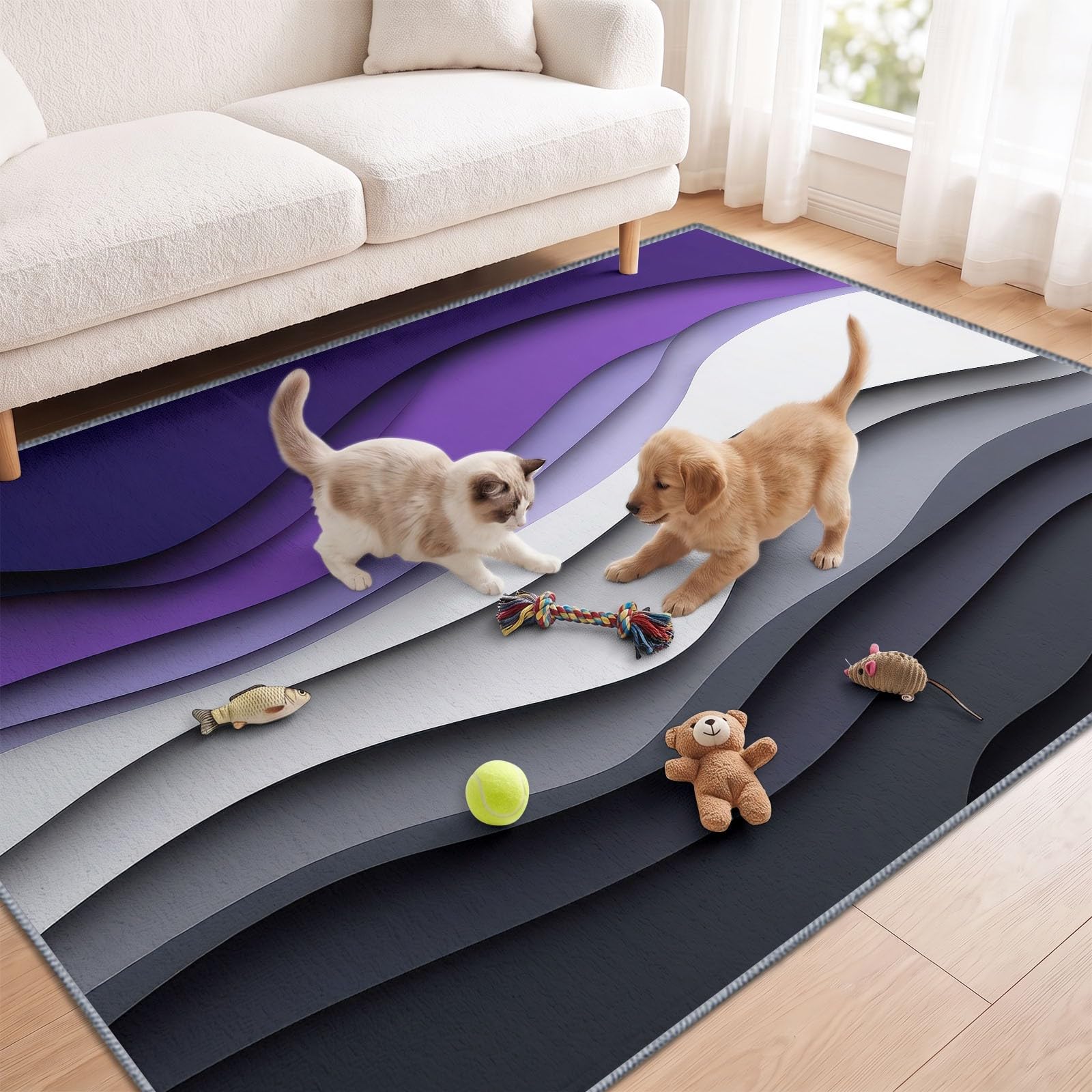 Générique Papiers découpés 3D Tapis, 80 x 150 cm, Vague Couche Dégradé Jaune Gris Décoration Moquette avable Salle de Tapis, Pliable Doux Réduire Bruit Lancer Moquette pour Chambre à Coucher