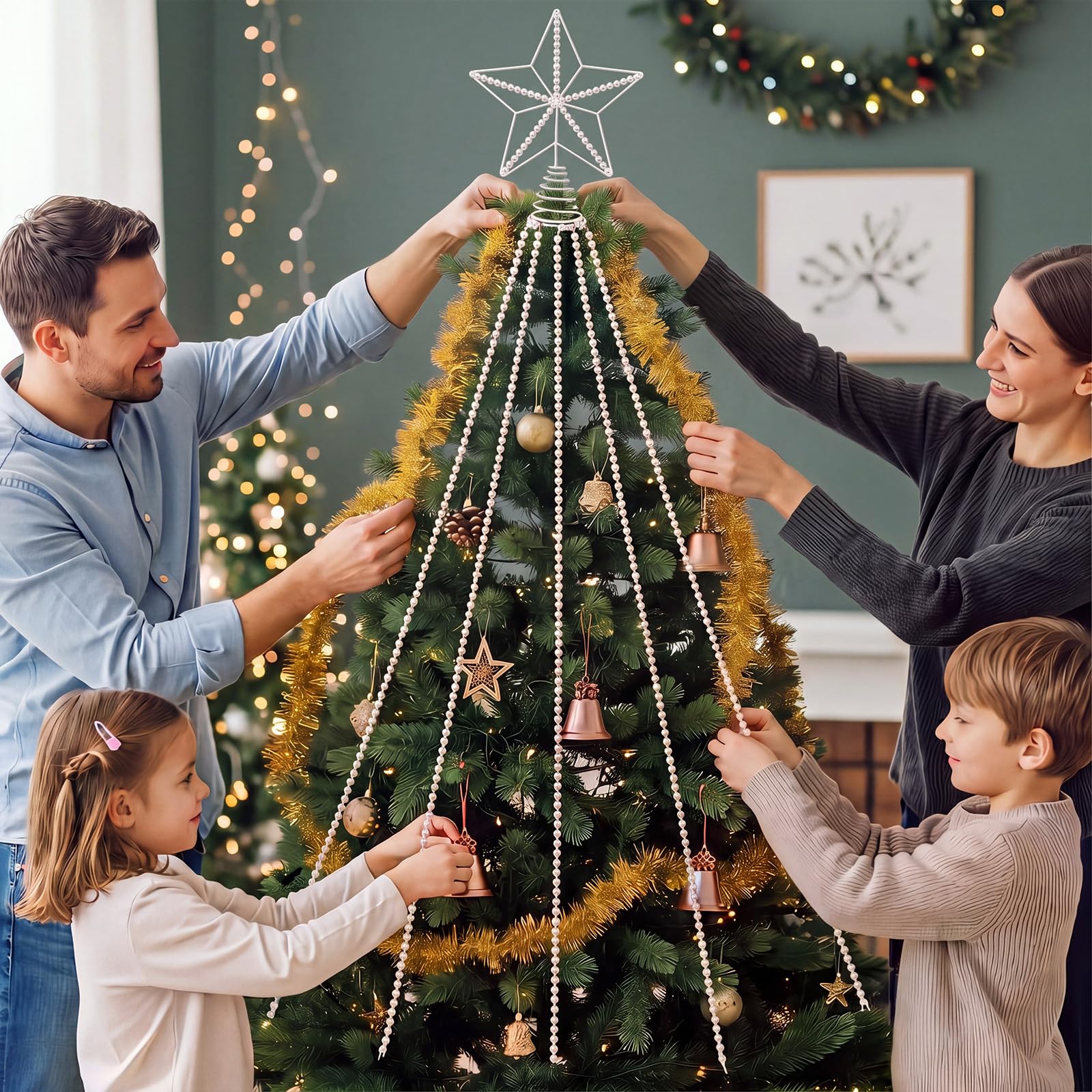 Arrowbash 7 piezas de decoración de estrella de 25 cm, estrella blanca para árbol de Navidad con 6 hebras de 200 cm, adorno de cadena de perlas sintéticas para árbol de Navidad de 5 a 8 pies