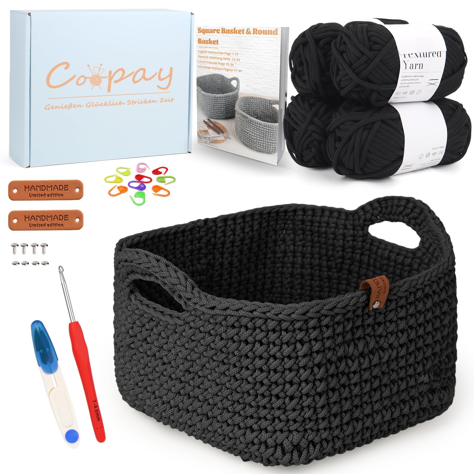 Coopay Häkelset für Anfänger Häkelset Quadratischer Korb mit Häkelanleitung Häkelset DIY Häkelset für Körbe Häkeln Lernen mit Haken 4,5mm Dickes Garn für Anfänger