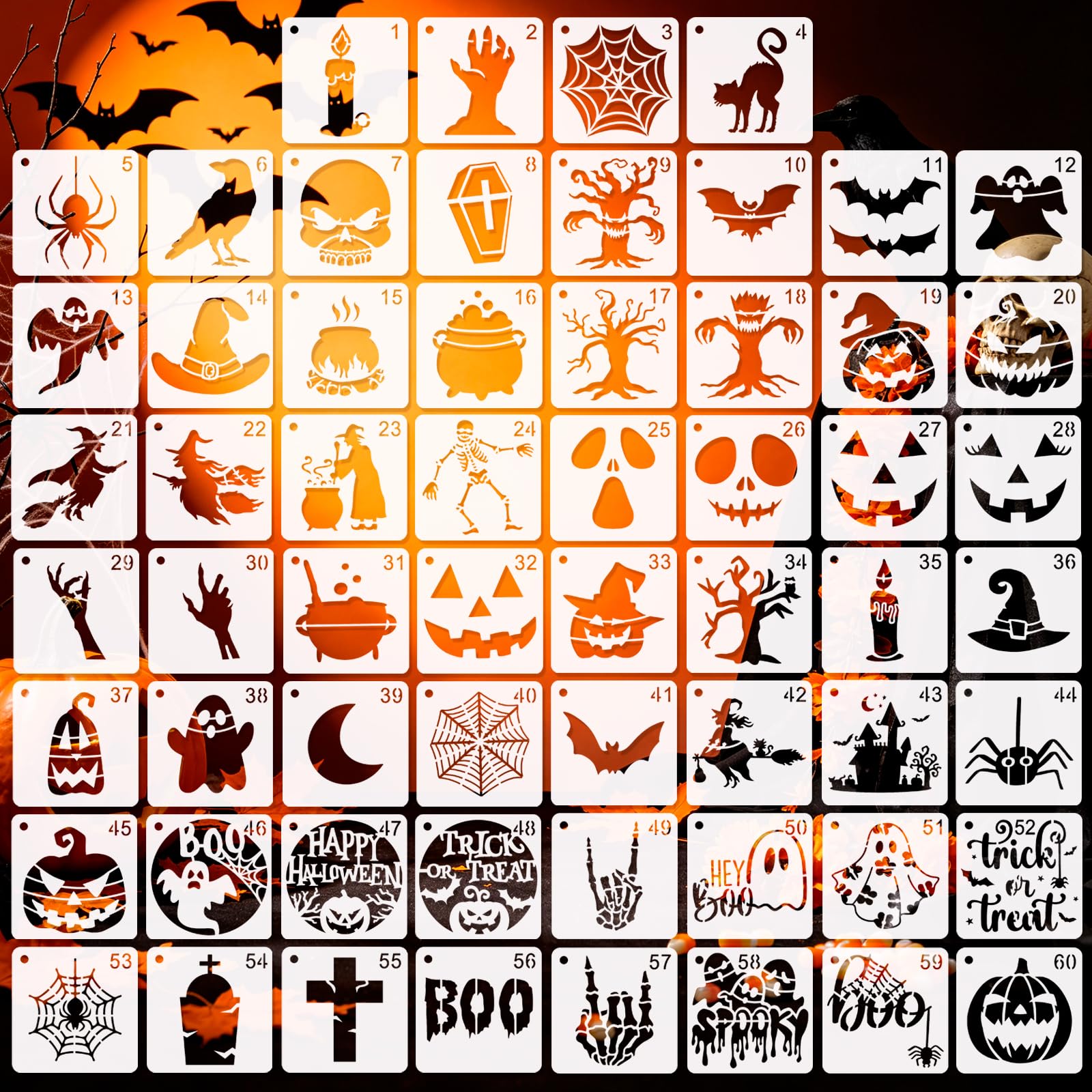 MWOOT 60 PCS Halloween Stencils for Painting on Wall, Cute Stencils for Crafts Reusable, Stencil Drawing Templates for Painting on Wood, Tile, Canvas, Scrapbook, Halloween Decor, 7.62 CM