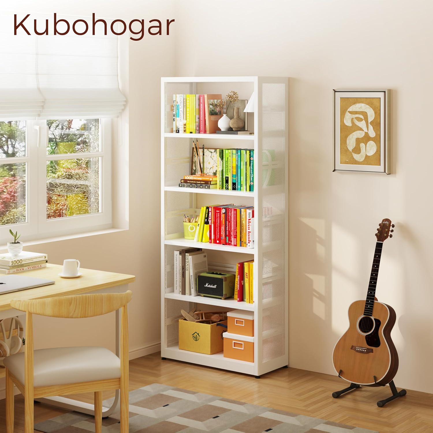 5 Tier Metal Bookshelf, 68" White Tall Bookshelf with Adjustable Shelves, CD Storage Racks, Heavy Duty Bookshelves and Bookcases, Library Bookcase for Living Room,Office,Bedroom