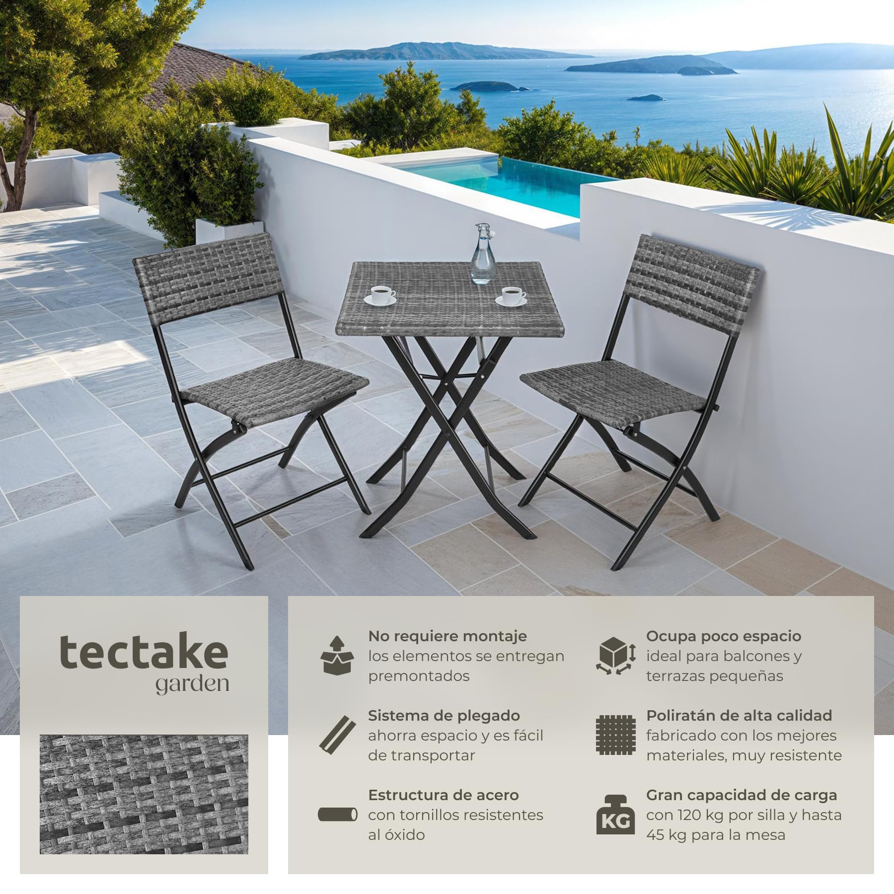 tectake® Conjunto Jardín Exterior de Ratán y Acero para 2 Personas, Muebles Jardín Exterior Resistentes a Intemperie, 2 Sillas y 1 Mesa, con Topes de Plástico, Plegable, Ligero y Compacto - Gris — view 3