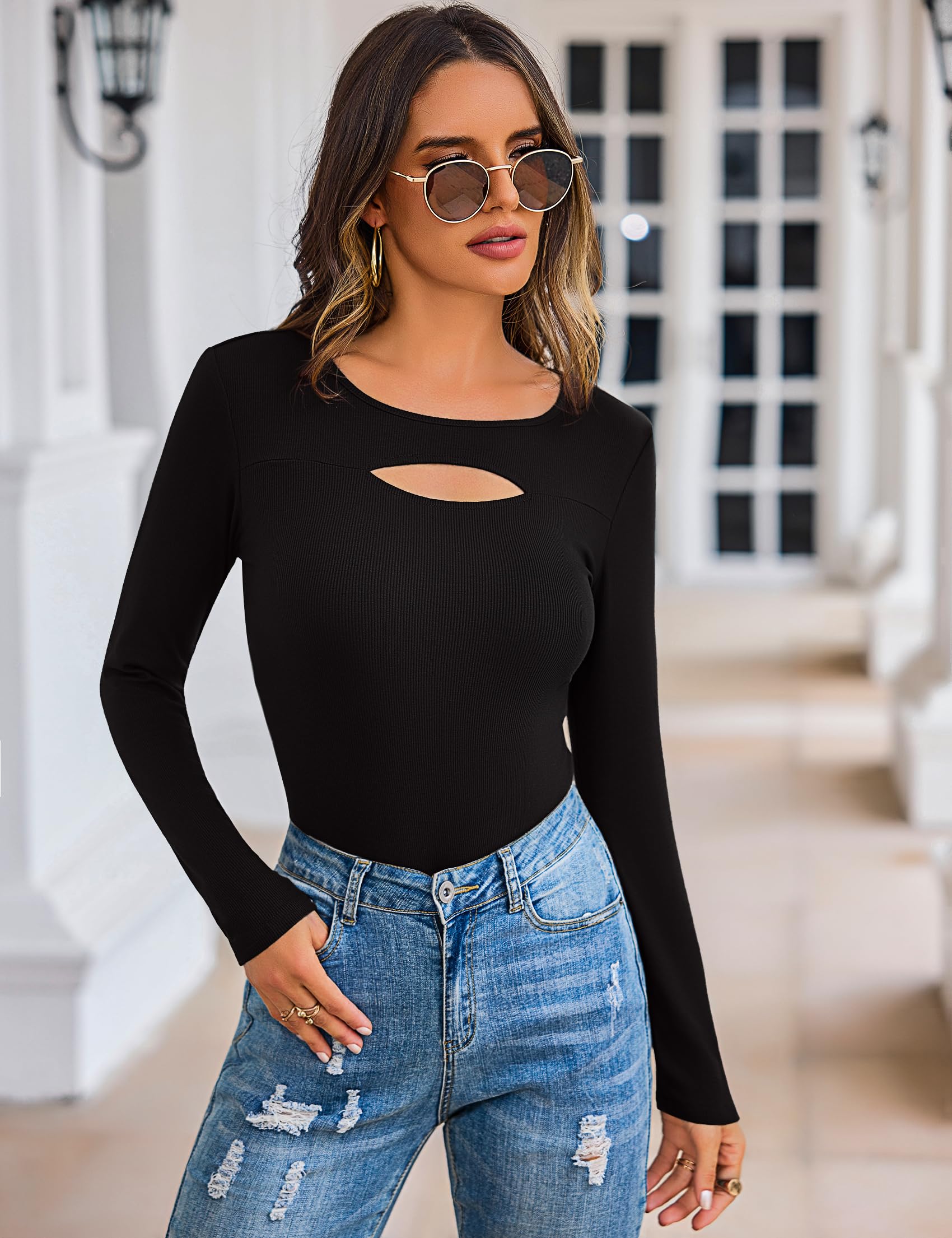 Aottori Maglia Donna Manica Lunga Cut out Girocollo Costine Slim Fit | Maglietta, Aderente, Basic Shirt, Top Elegante, Elasticizzato, Tinta Unita Casual, Primavera Autunno