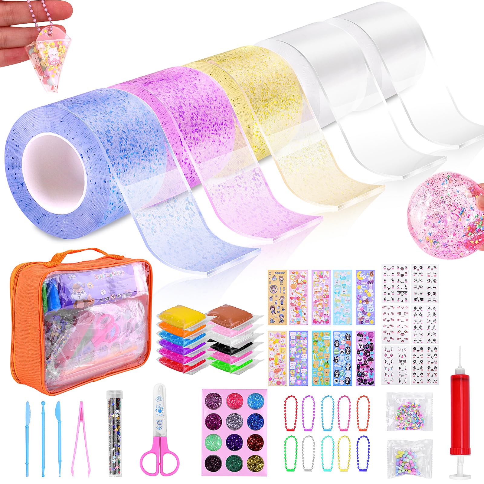 SelfTek 55Pcs Nano Tape Craft Kits for Nano Tape Bubbles Kit with Pump Sequins Glitter Powder Stickers Clay Scissors Tools Double Sided Nano Tape for Making Bubbles Crafts