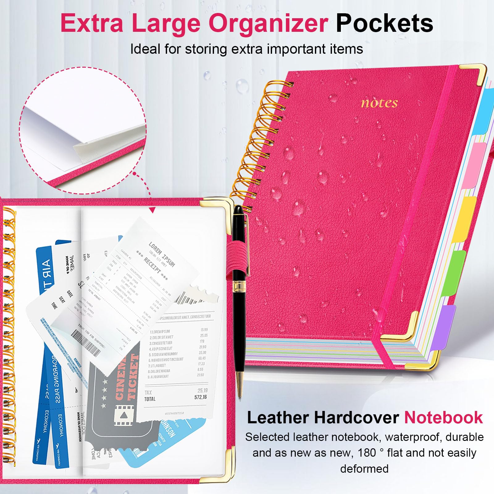 Cuaderno en espiral de tapa dura de 6.2 x 8.2 pulgadas, con pestañas y separadores extraíbles, 300 páginas, cuaderno de 5 asignaturas, cuaderno de rayas universitarias, cuaderno de piel sintética con
