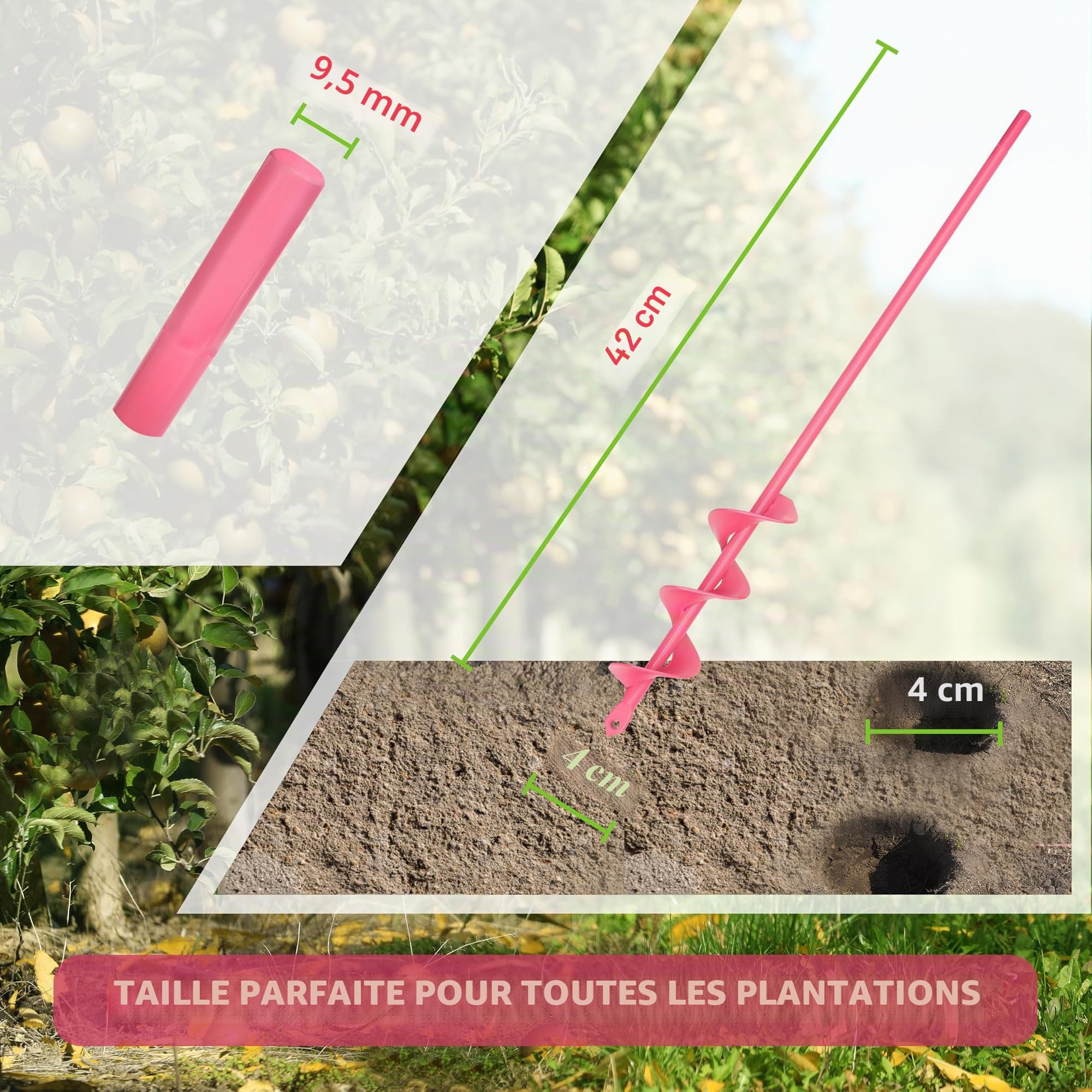 Perceuse de jardin, 4 x 42 cm, pour perceuse, rose, pour visseuse à batterie, outil de forage pour planter
