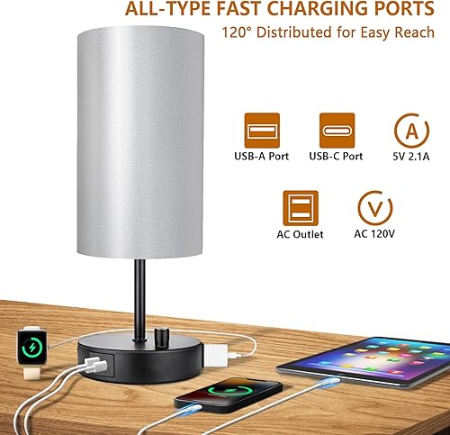 Miniatura 3 de Juego de 2 lámparas de mesa de noche de 17.75 pulgadas de alto con puertos de carga USB A+C y salida de CA, luces redondas de mesita de noche para