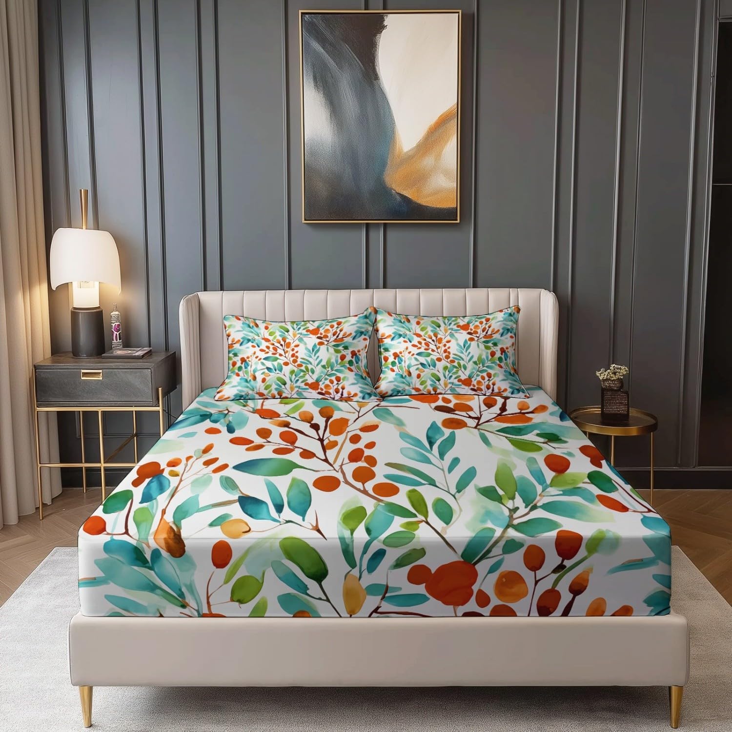 Drap Housse Doux Aquarelle Feuilles Baies Imprimer, 140 x 190 cm Résistance à la Déchirure Drap-Housse avec Poche 30 cm de Profondeur, Bleu Ensembles de literie pour Dortoirs Hôtels