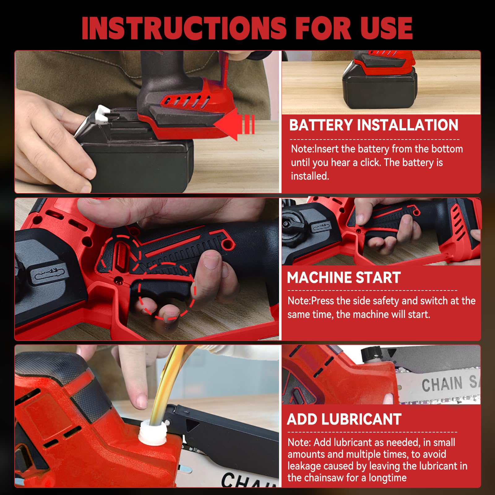 Mini motosierra sin escobillas con batería de 32,8 ft/s, 6 y 8 pulgadas, sierra eléctrica compatible con Milwaukee de 18 V, motosierra manual con bloqueo de seguridad y engrasador para cortar madera y