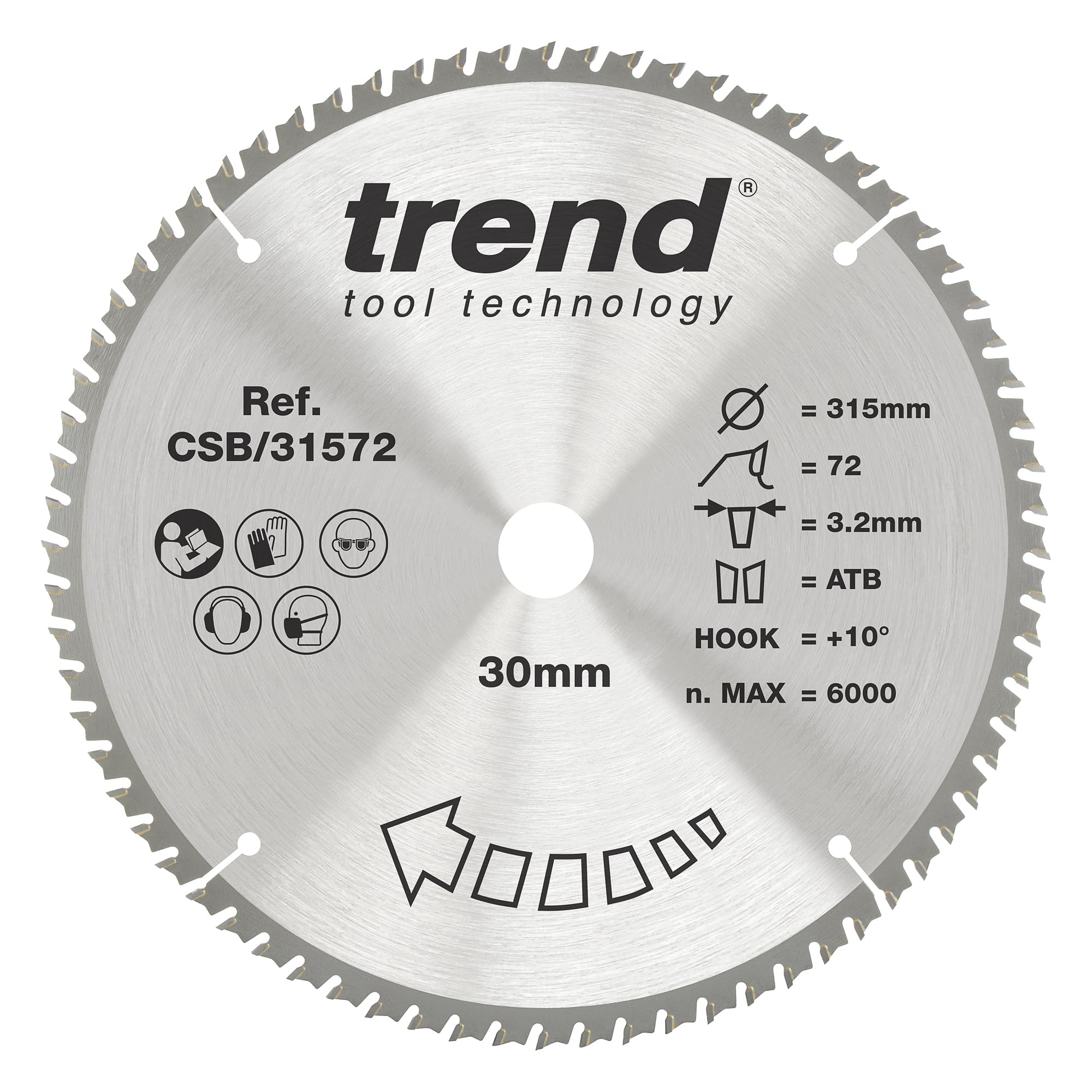 Trend Wood Circular Saw Blade, 315mm Diameter, 30mm Bore, 72 Teeth, 3.2mm Kerf, +10° Hook, TCT, Fine Finish, CSB/31572