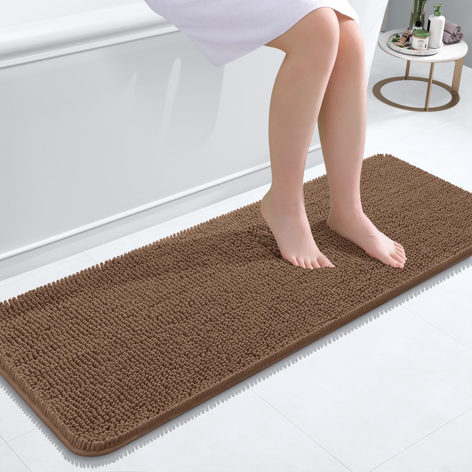 OLANLY Bathroom Runner Rugs 47x17, Extra Soft Absorbent Chenille Bath Rugs | Mocha, Quick-Drying Rubber Backing, Machine Washable Long Bath Mat for Bathroom Floor, Tub and Shower, Home Decor Accessories