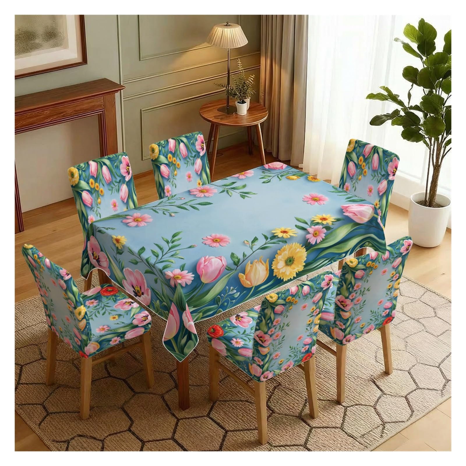 BOSUYBN Light Blue Base Tulip & Mixed Spring Floral Print Dining Tablecloth & Chair Covers Set, 5/7 Piece Elegant Romantic Cottage Dining Decor Table Setting(7pcs Set: Tablecloth+Chair Covers)