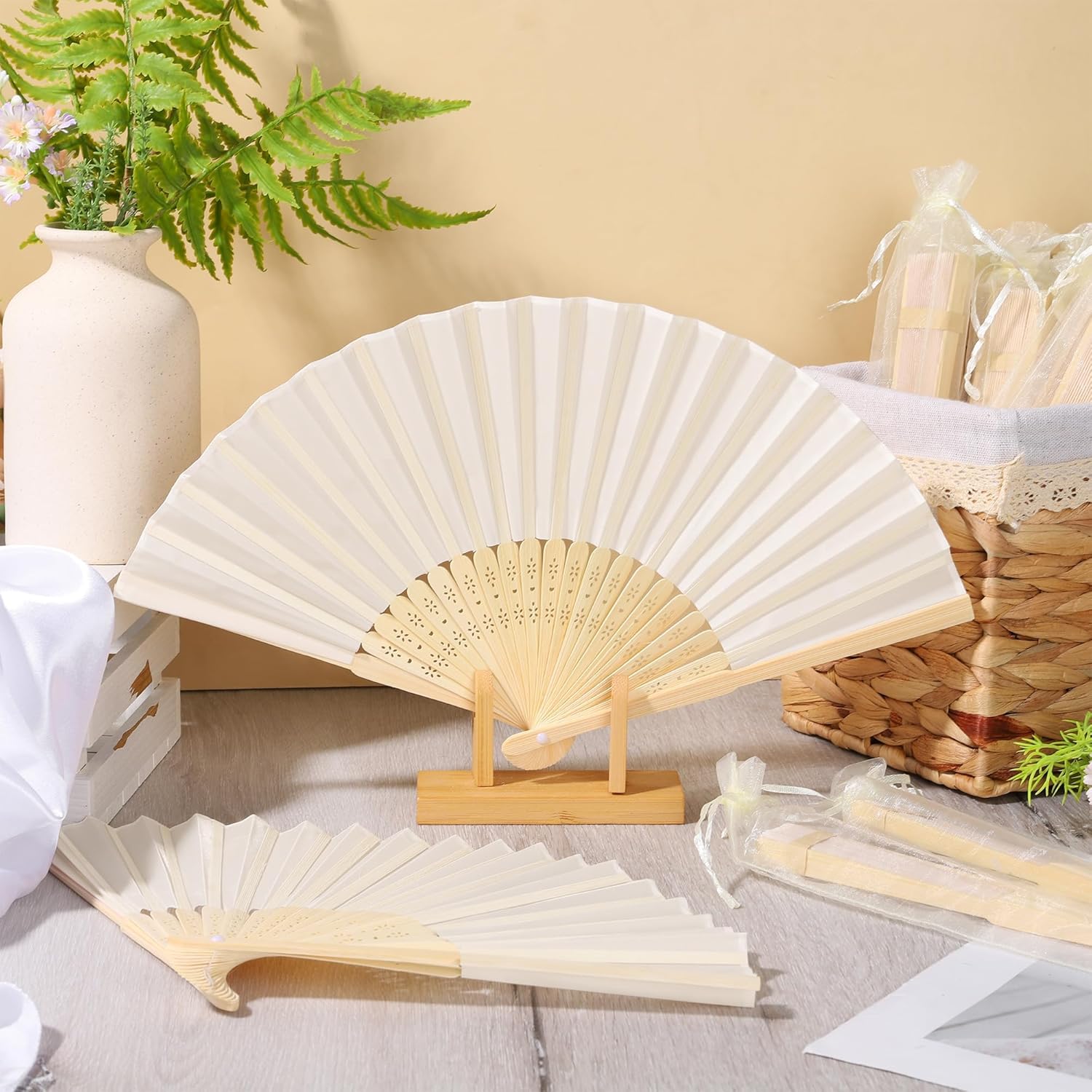 Aneco 50 Pieces Silk Hand Bamboo Folding Fans Handheld Fan with Storage Basket and Organza Bags Foldable Hand Fans for Guests Wedding Decorations Bridal Shower Party Favor DIY Home Decor, Cream
