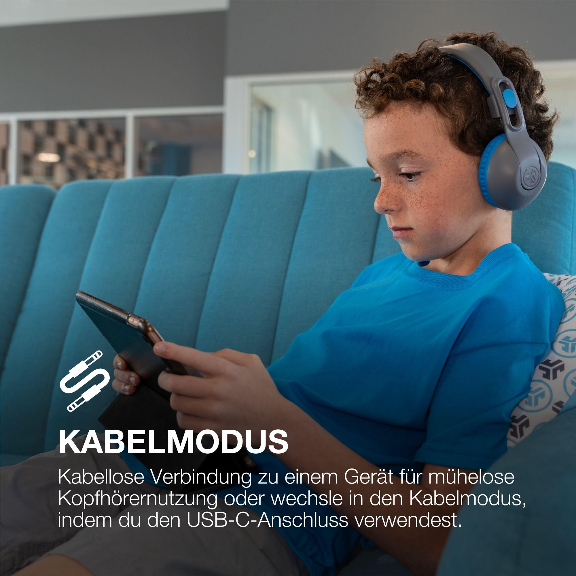JLab JBuddies Studio 2 Kinder Kopfhörer Kabellos - Bluetooth, Grau/Blau | Over Ear Kinder Kopfhörer mit Mikrofon, Bluetooth, Kid Safe Lautstärkebegrenzung, Geräuschisolierung, kabellos