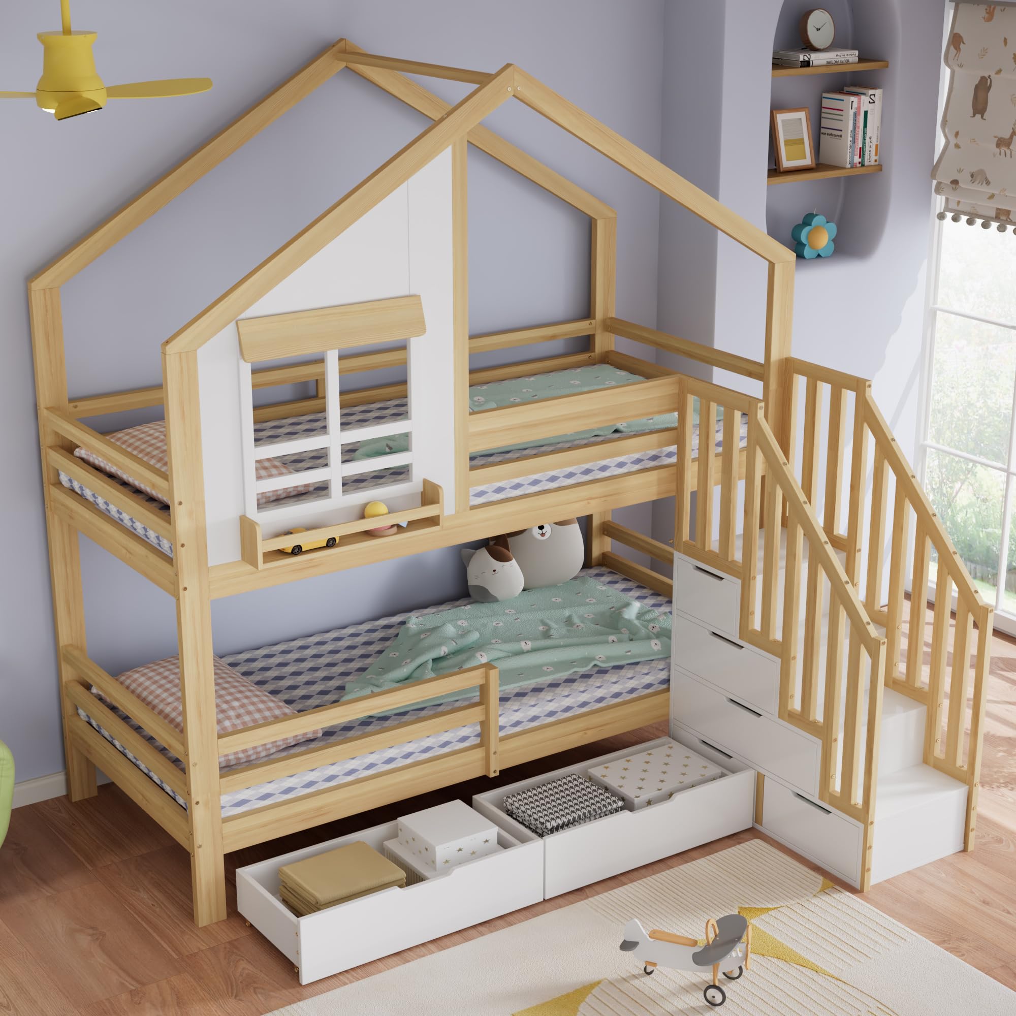 Etagenbett Kinderbett 90x200 cm, Hochbett mit Stauraum Treppe & Mehrere Schubladen, Holzbett Jugendbett mit Fenster, Handläufen Sicherheitsleiter & Rausfallschutz, Weiß+Natur, ohne Matratze