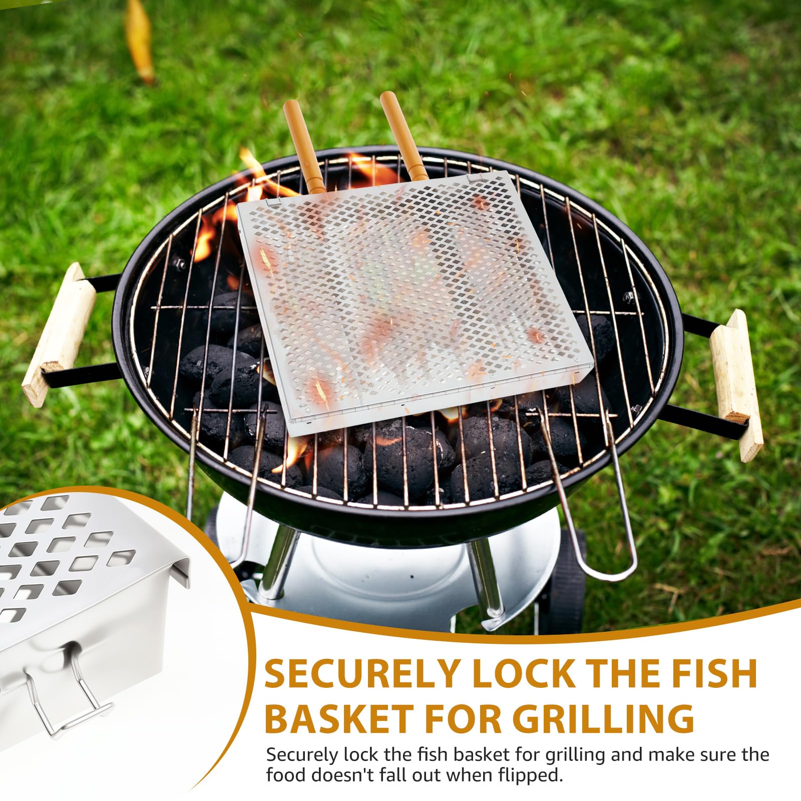 Griglia in acciaio inox per barbecue, grigliare pesce, verdure, gamberetti, griglia portatile da esterno con manico in legno, accessori per barbecue perfetti per regali