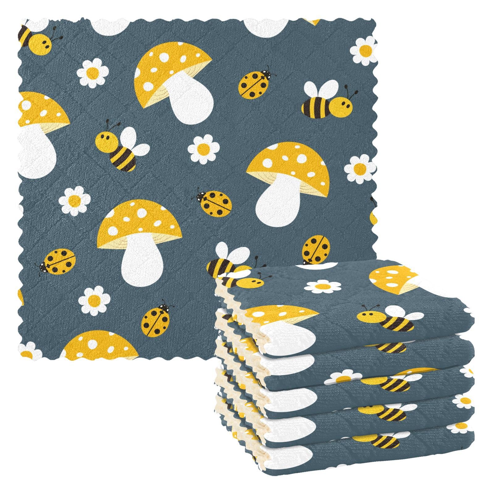 Mnsruu Microfibre Cleaning Cloths,Bee Mushroom Daisy Reusable Dish Towels Non-Scratch Cloth for Kitchen,Glass,Windows