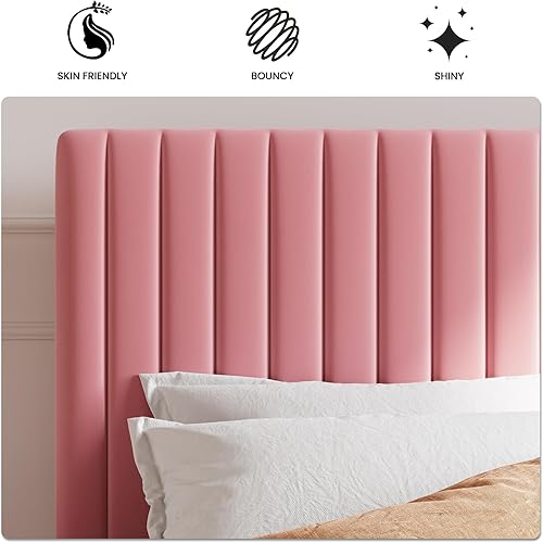 Miniatura 6 de SHA CERLIN - Base de cama tamaño Queen tapizada con cabecera ajustable diseño acolchado en terciopelo con canales verticales soporte de listones de