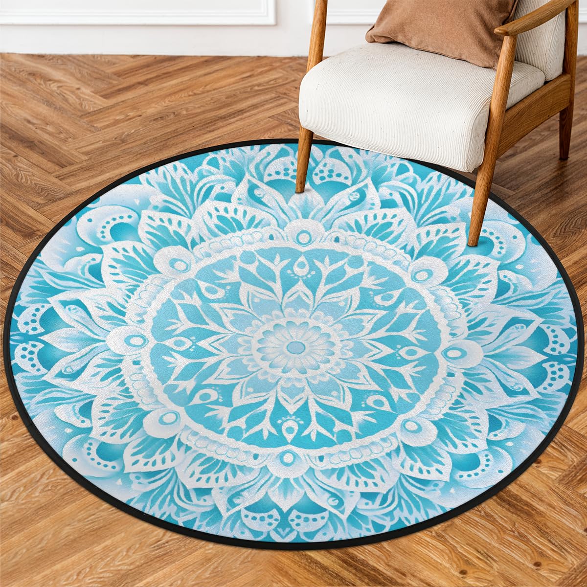 Mexpekil Teppich, rund, Mandala-Blumenmuster, für Wohnzimmer, waschbare Bodenmatte mit rutschfester Unterseite, 92 cm Durchmesser, moderne Heimdekoration