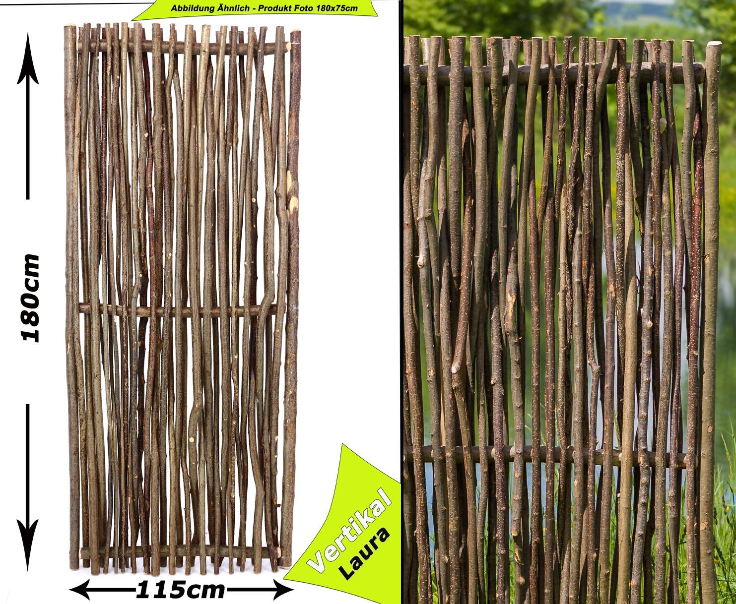 bambus-discount.com Haselnusszaun Sichtschutz Modell Laura mit 180 x 115cm - Sichtschutzzaun aus Haselnussästen 1,8m x 1,15m