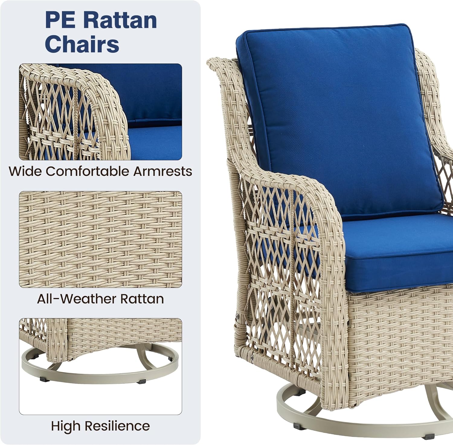 3 Piece Swivel Rocking Chairs & Table with Thick Cushions,Outdoor Patio Furniture Set, All-Weather PE Wicker Conversation Set for Porch, Deck,Natural & Blue