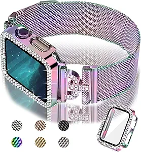 JOYOZY Magnetic Band Compatible with Apple Watch Band 38mm 40mm 41mm 42mm 44mm 45mm 46mm Milanese Strap with Bling Glitter Case Built-in Screen Protector Dressy Stainless Steel iWatch Loop for Women