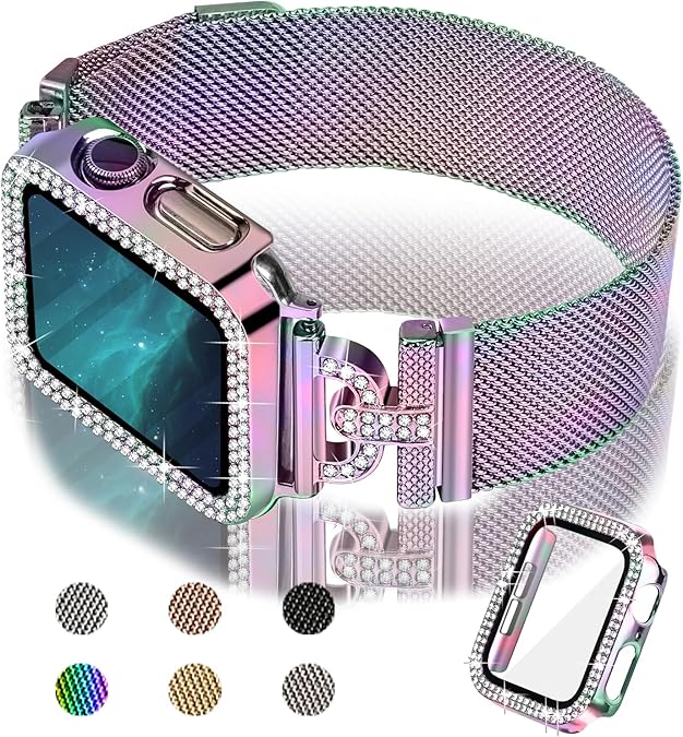 JOYOZY Magnetic Band Compatible with Apple Watch Band 38mm 40mm 41mm 42mm 44mm 45mm 46mm Milanese Strap with Bling Glitter Case Built-in Screen Protector Dressy Stainless Steel iWatch Loop for Women