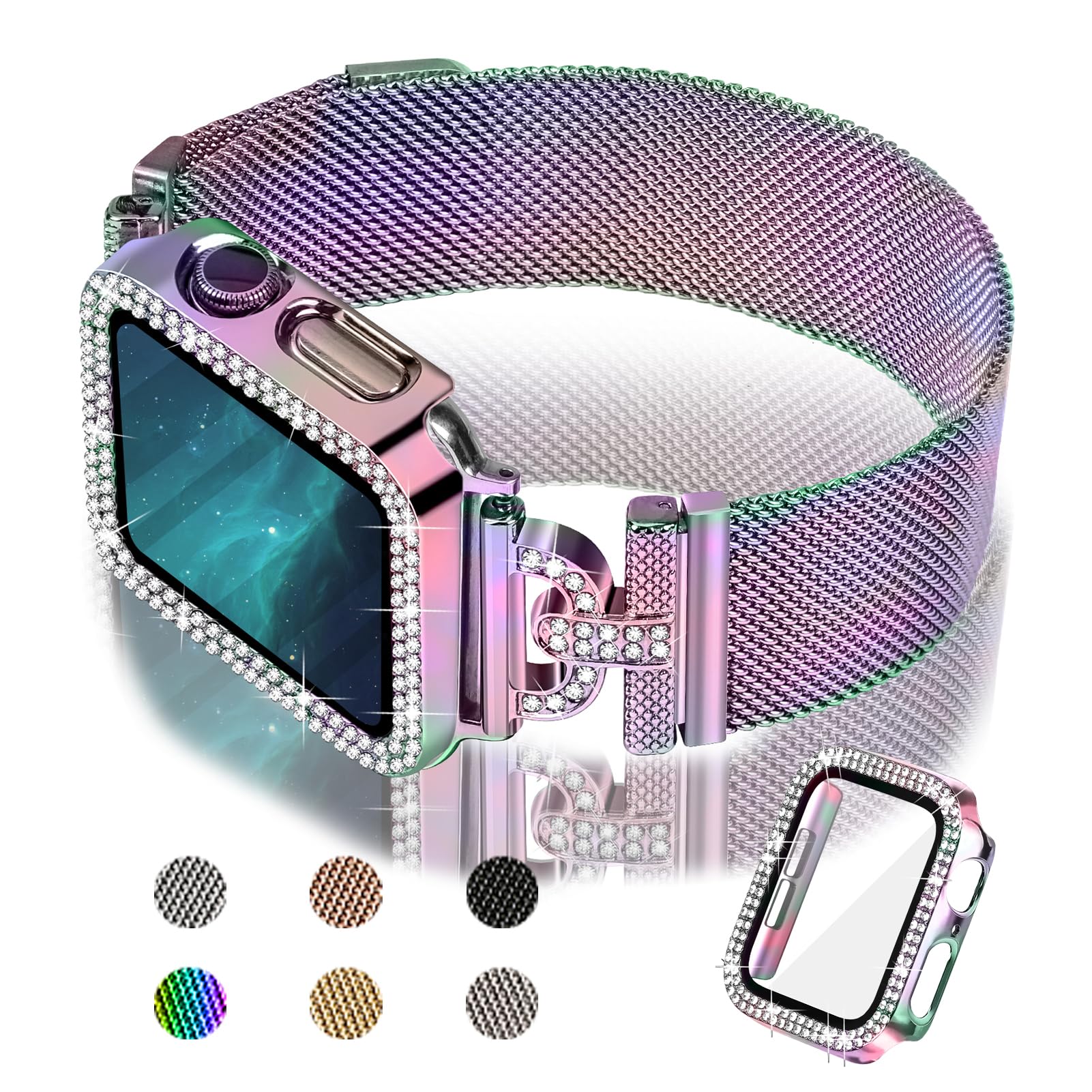 JOYOZY Magnetic Band Compatible with Apple Watch Band 38mm 40mm 41mm 42mm 44mm 45mm 46mm Milanese Strap with Bling Glitter Case Built-in Screen