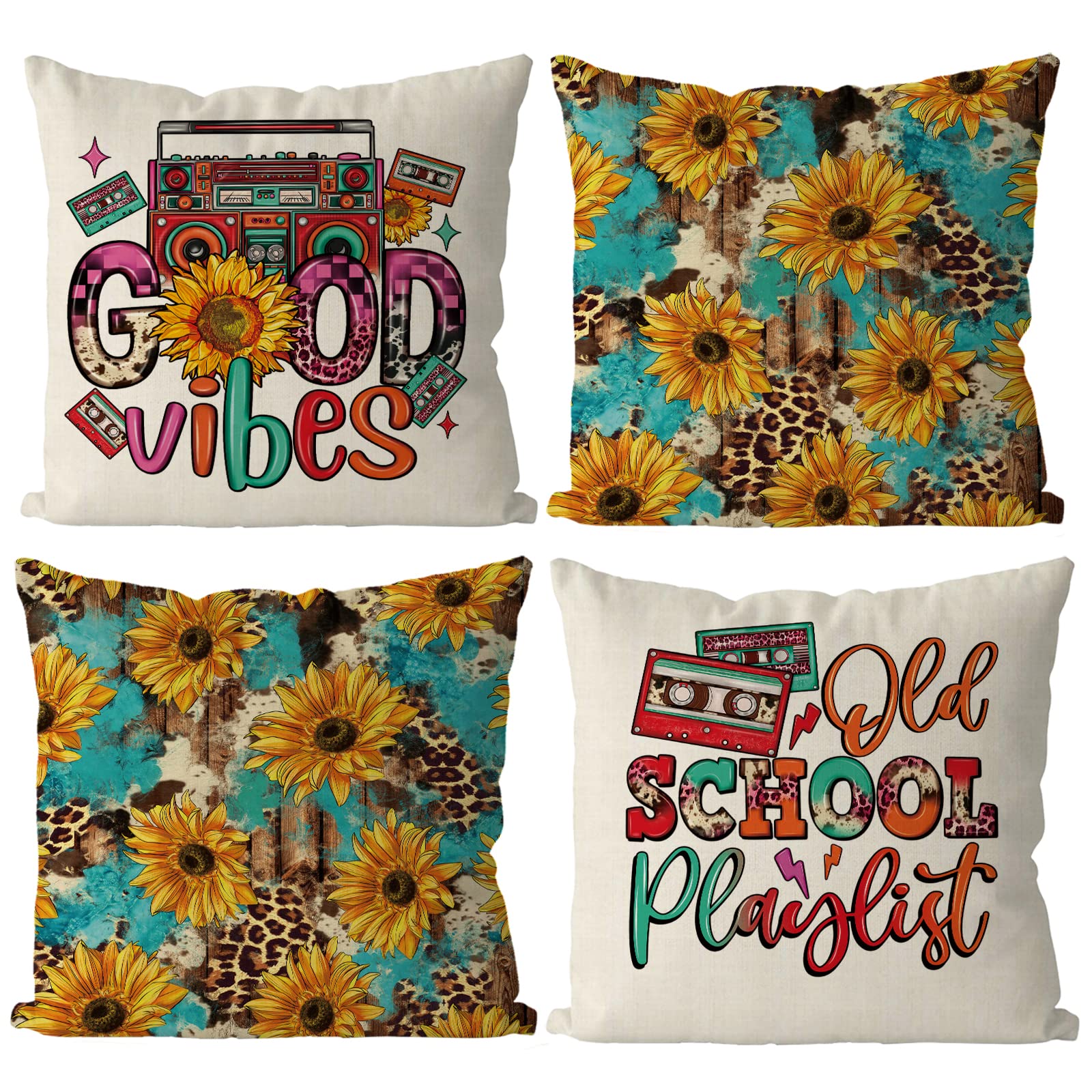 Photo 1 of *COVERS ONLY* GAGEC Summer Pillow Covers 18x18 Inch Set of 4 Vintage Tape Radio Throw Pillows Covers Leopoard Sunflower Summer Farmhouse Cushion Case Decor for Sofa Couch