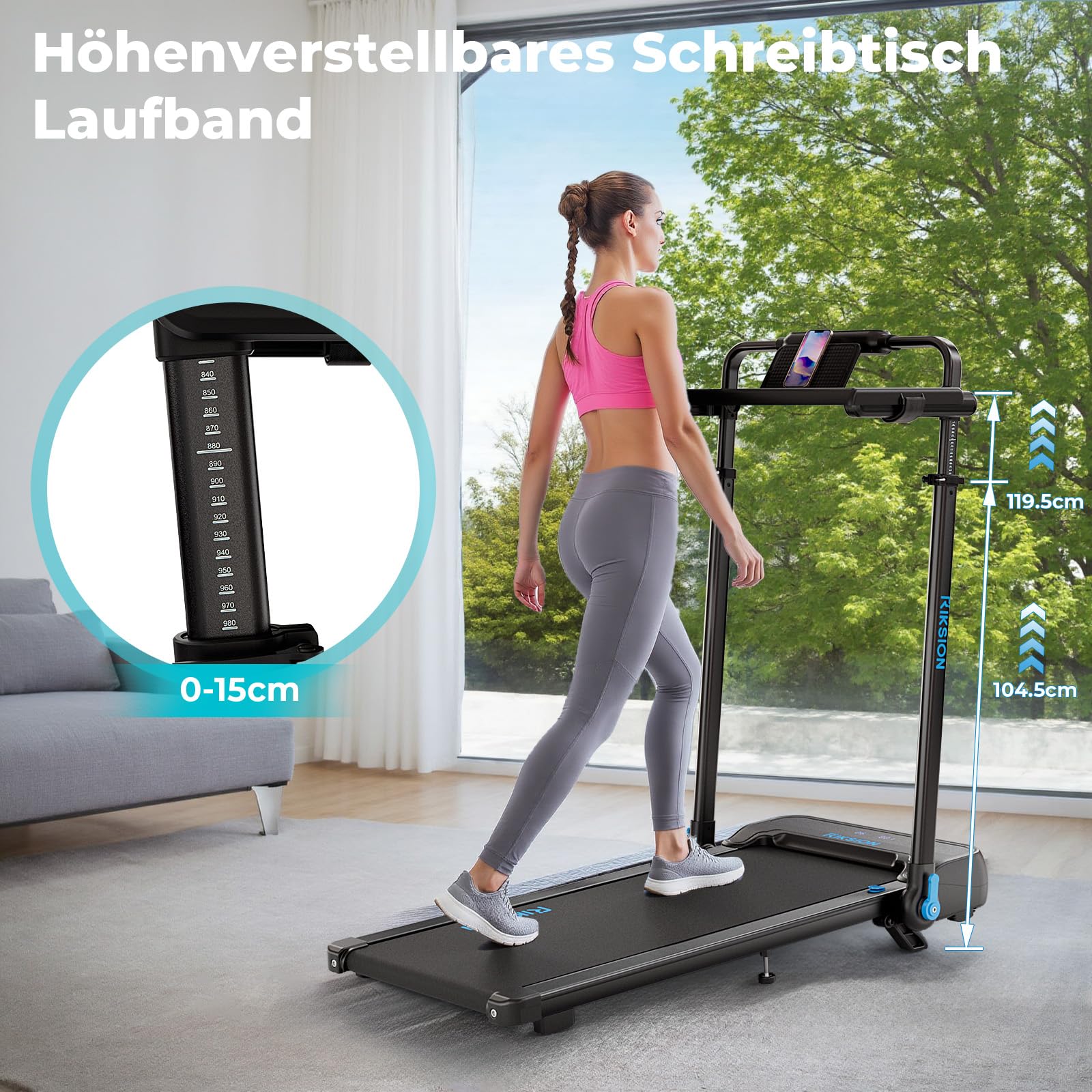 Laufband für Zuhause mit Neigung bis 14 km/h, Laufband Klappbar mit Schreibtisch-Workstation, LED-Anzeige, Fernbedienung und App-Steuerung, kompakte Walking Pad für Zuhause und Büro