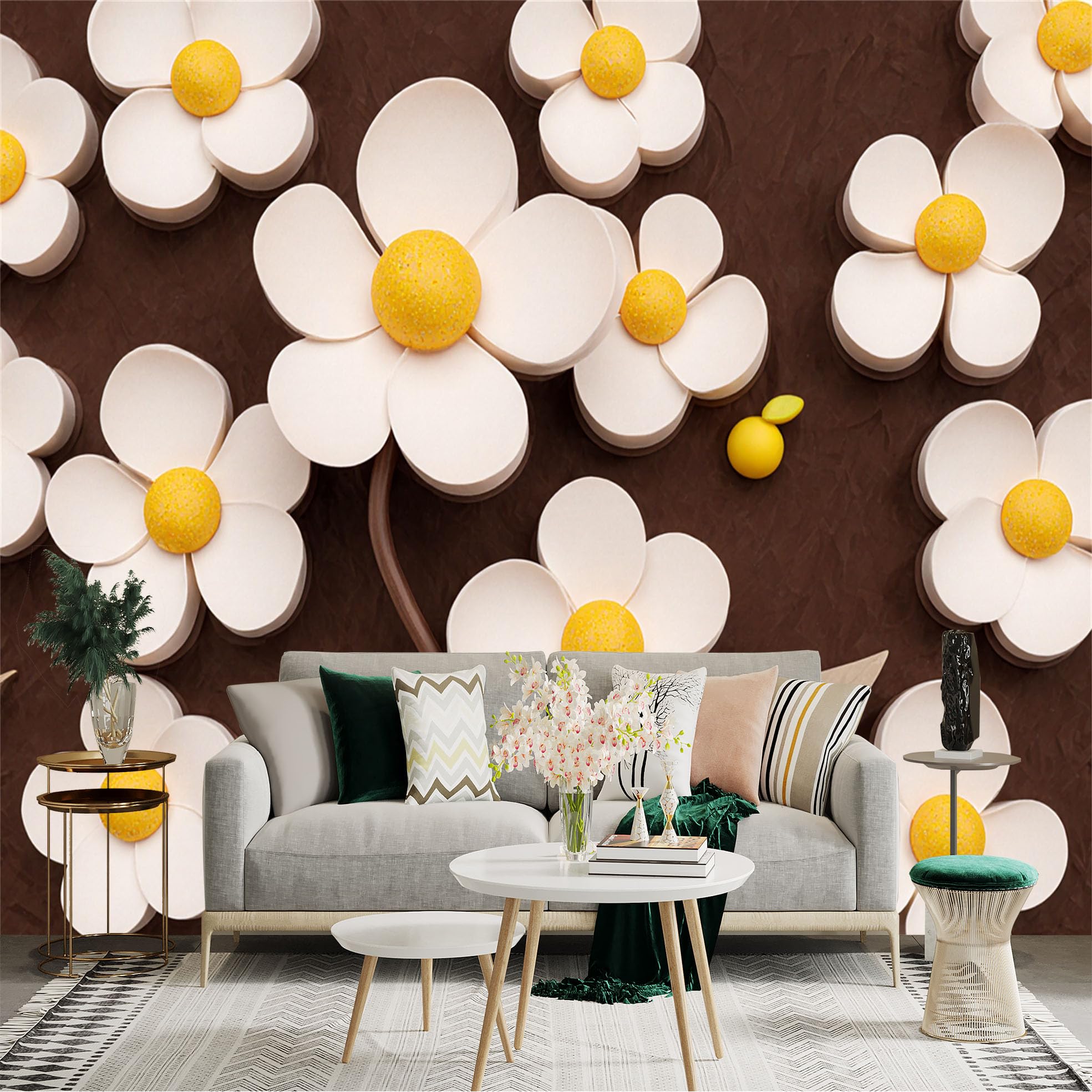 Custom Size Wall Sticker Mural， White Flowers with Yellow Centers， Artistic Floral Pattern， Minimalist Brown Background， for wall Decoration， peelandstick wall Decals.