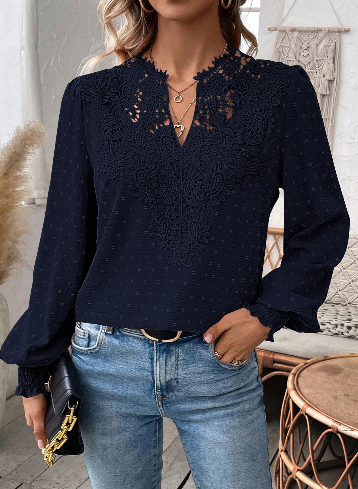 T Shirt Donna Elegante Manica Lunga Magliette Boho Scollo a V Casual | Autunno Volant Camicia, Elegante Abbigliamento, Pizzo Top, Primavera Camicetta, Ricamato Curvy Maglie, Affari Contadino Blusa
