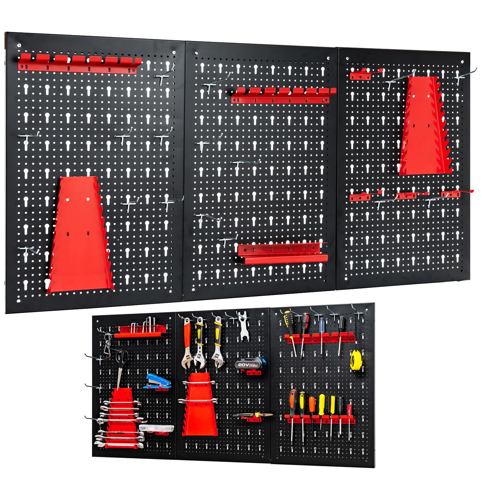 GYMAX Panneau de Rangement Mural pour Outils, Panneau Perforé avec Set de 28 Accessoires, Système de Rangement Mural avec 3 Panneaux, pour Ateliers, Stations de Travail de Maison, Noir+Rouge