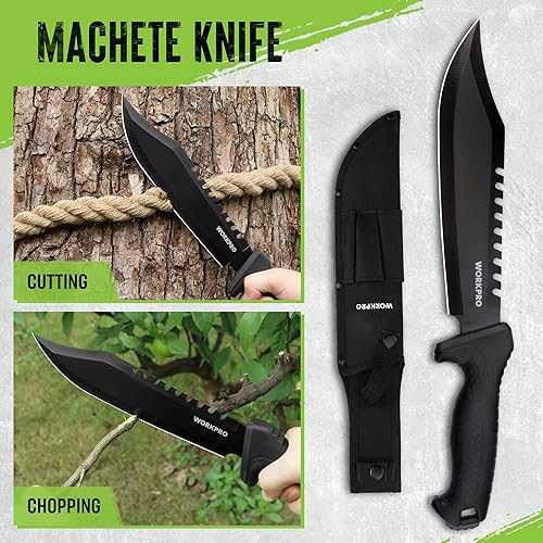 Miniatura 4 de WORKPRO Hacha de camping y machete con funda, hacha de campamento y cuchillos de caza de hoja fija con mango de paracaídas, faro, pedernal, juego de