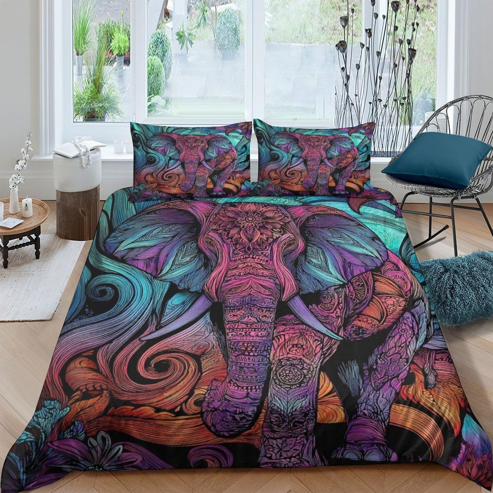 GPLZQXKJNH 3D Printed Colorful Elephant Duvet Cover Microfiber Soft Breathable Artistic Swirl Bedding Set with 2 Pillowcases for Bedroom Home Decor Single（135x200cm）
