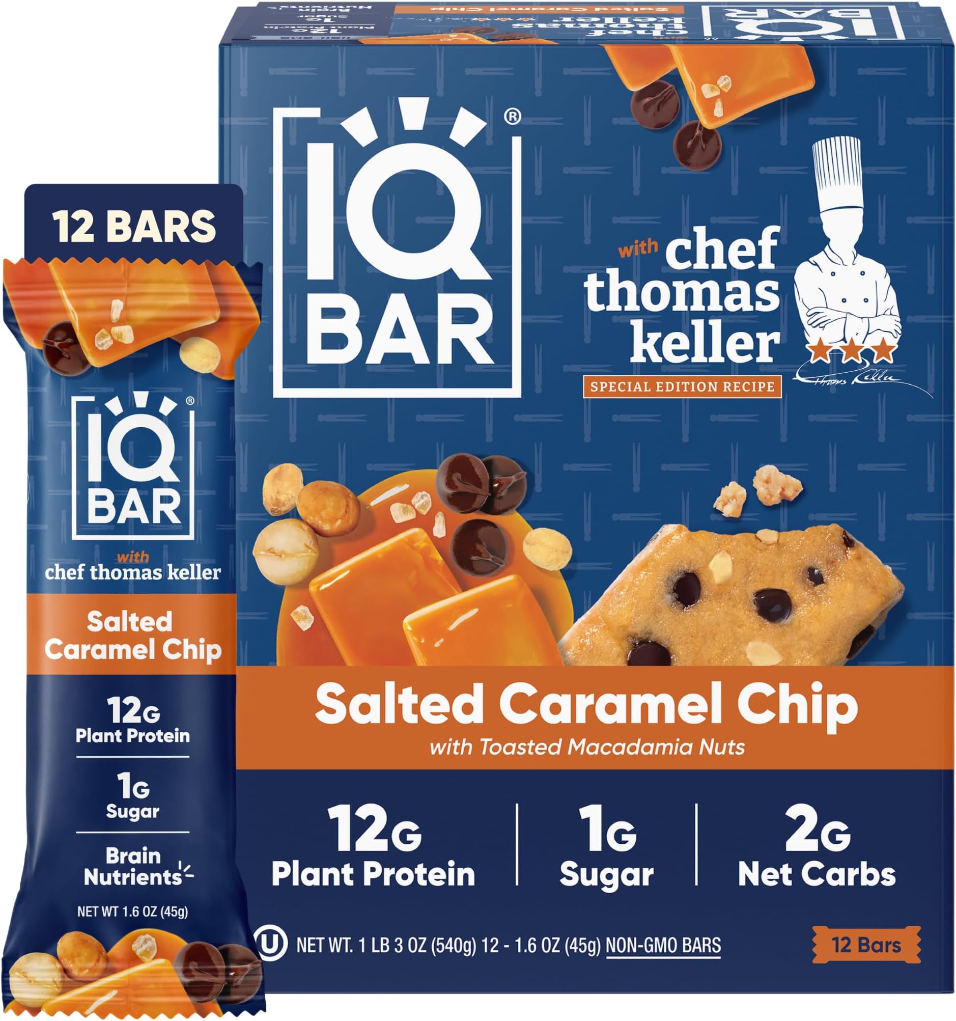 IQBAR Clean Protein Bars, Low Sugar Keto, Salted Caramel Chip 12-Count | High Fiber Plant Based Snacks, Clean Label Project Certified | Gluten Free, Dairy Free, Vegan, Soy Free