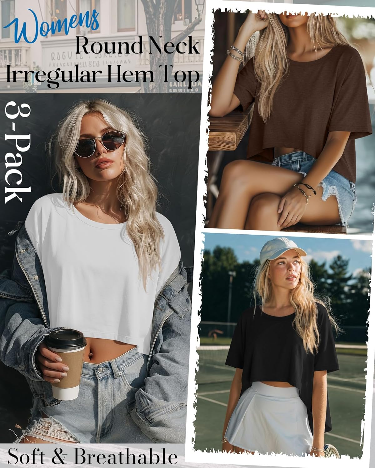 Huukeay 3 Pack Women's Oversized Cropped T Shirts Short Sleeve Loose Summer Crop Tops Casual Crewneck Irregular Hem Baggy Tee - Image 2