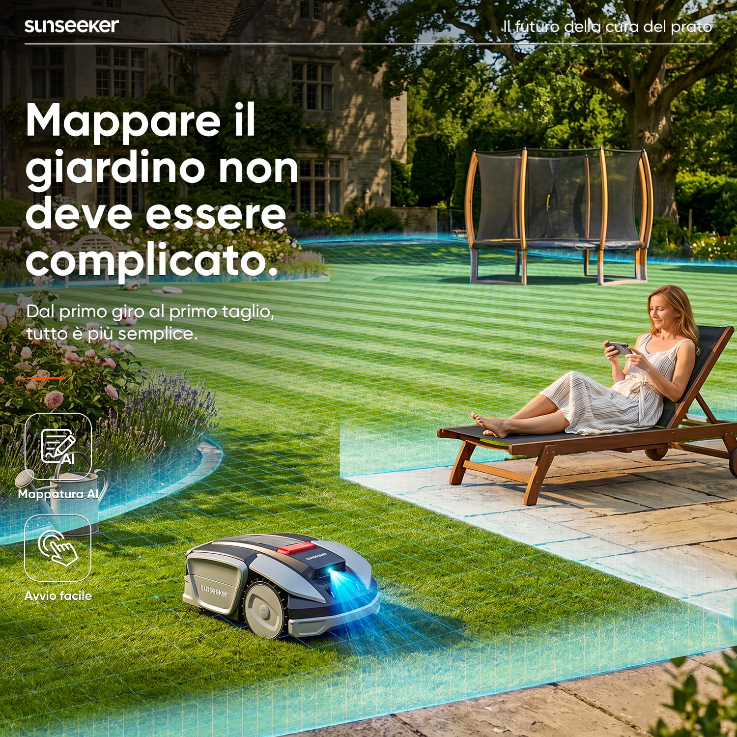 Sunseeker S3 Robot Tagliaerba Senza Filo, RTK + Vision AI, 800 m² + Set di 12 Lame Universali