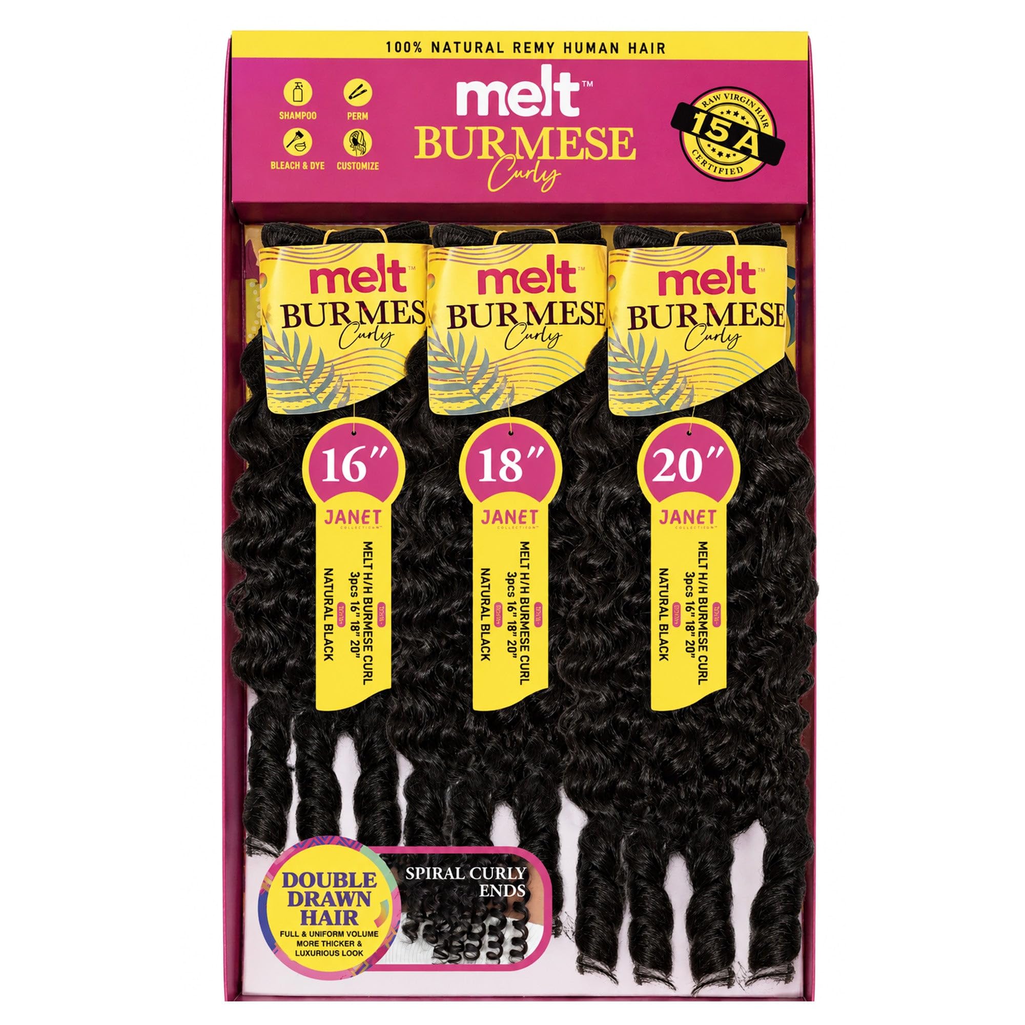 Janet Collection Melt Burmese Curly Human Hair Bundle 3Pcs, Natural Remy Human Hair, Double Drawn, Spiral Curly Ends (14"16"18", NATURAL BLACK)